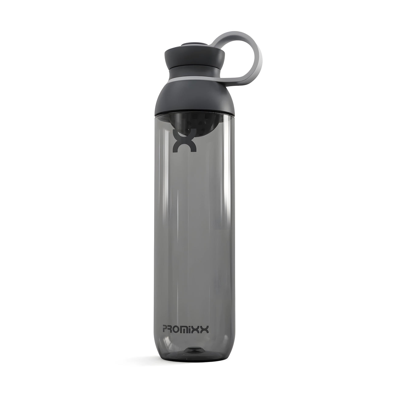 ProMixx Form Hybrid Bottle 760 ml, läpinäkyvä grafiitinharmaa shakerpullo tummanharmaalla korkilla ja kantolenkillä.