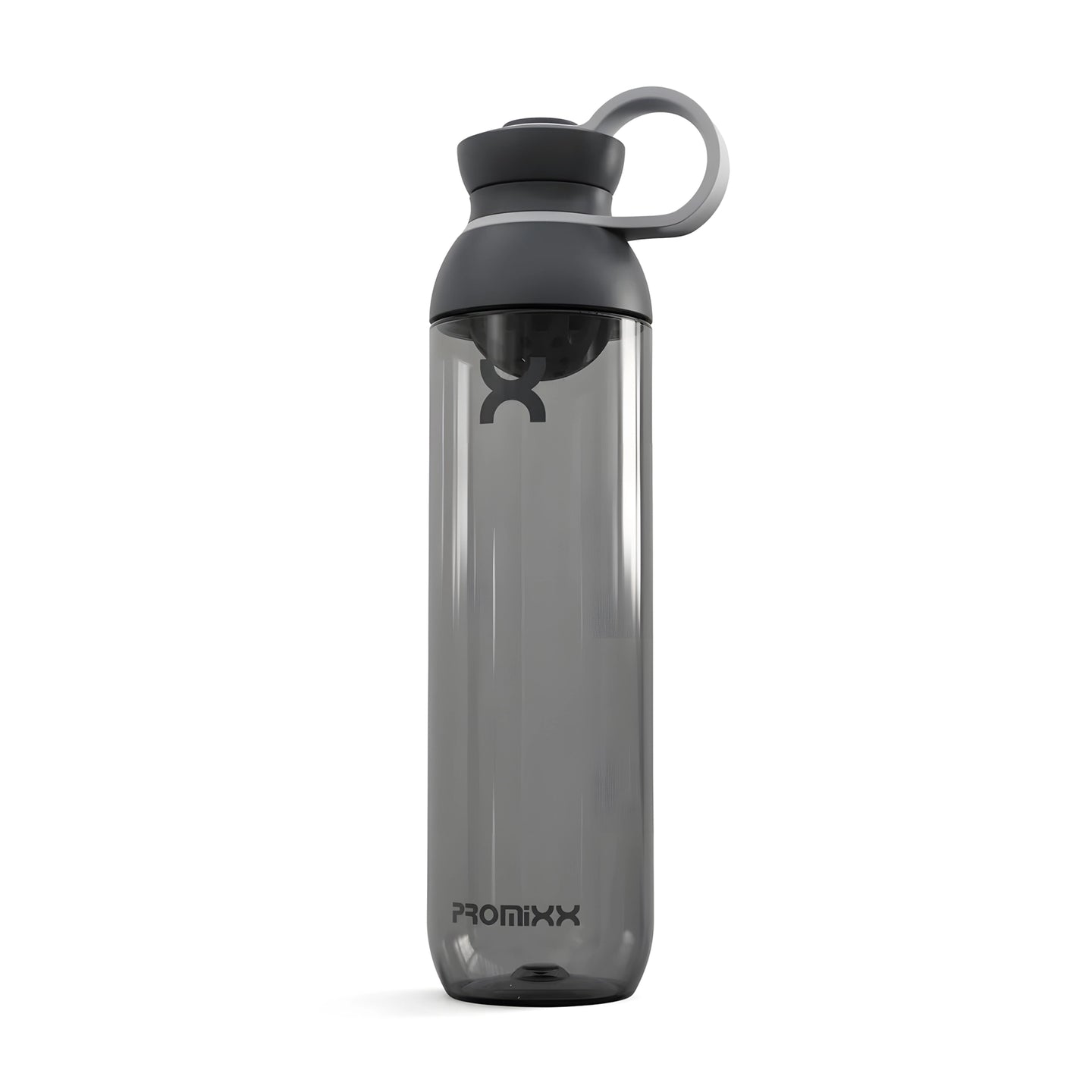 ProMixx Form Hybrid Bottle 760 ml, läpinäkyvä grafiitinharmaa shakerpullo tummanharmaalla korkilla ja kantolenkillä., kuva 2/3