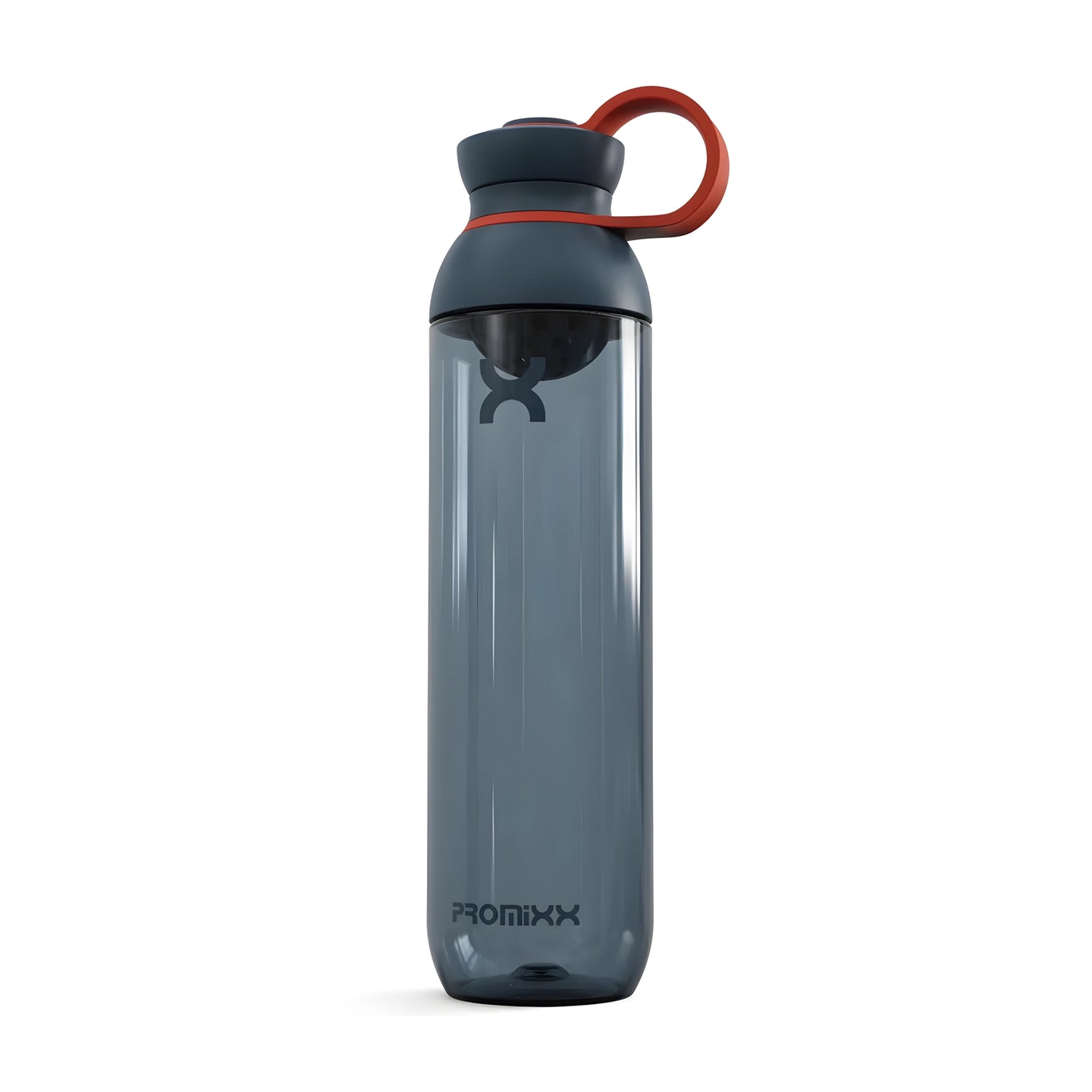 Läpinäkyvä ProMixx Form Hybrid Bottle 760 ml -shakerpullo tummansinisellä kannella ja oranssilla kantolenkillä., kuva 3/3