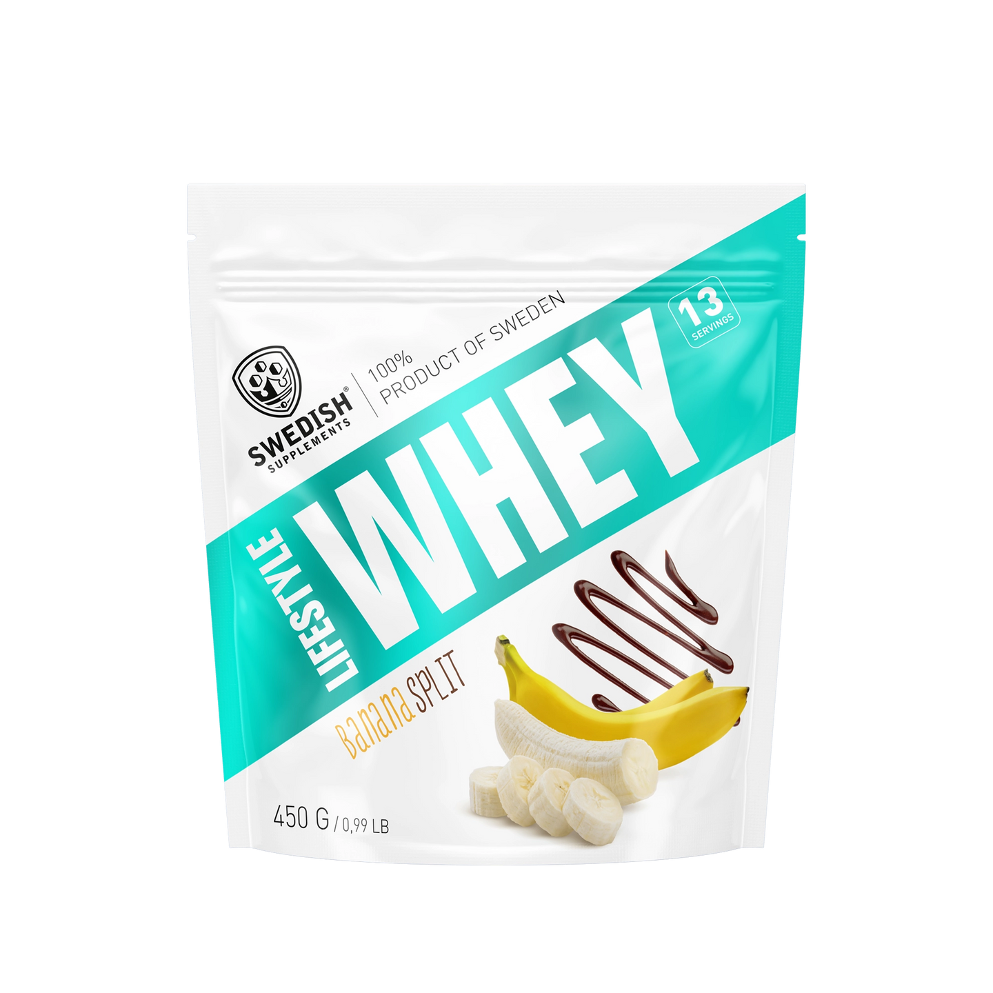 Swedish Supplements Lifestyle Whey 450 g -proteiinijauhe valko-turkoosissa pussissa, makuna Banana Split., kuva 1/8