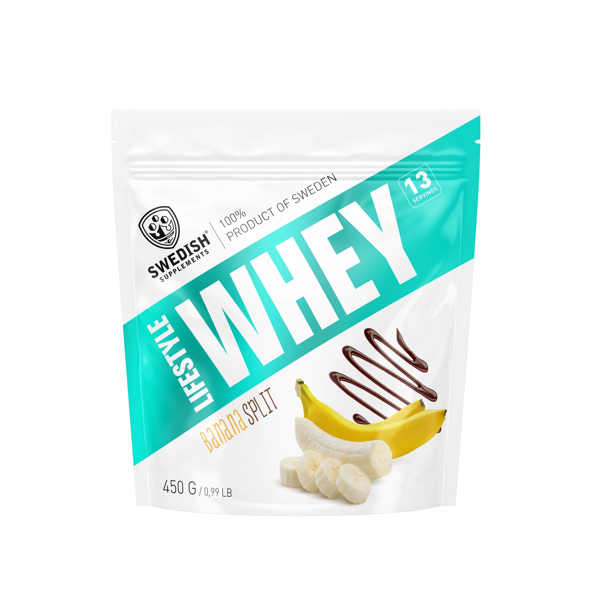 Swedish Supplements Lifestyle Whey 450 g -proteiinijauhe valko-turkoosissa pussissa, makuna Banana Split., kuva 1/8