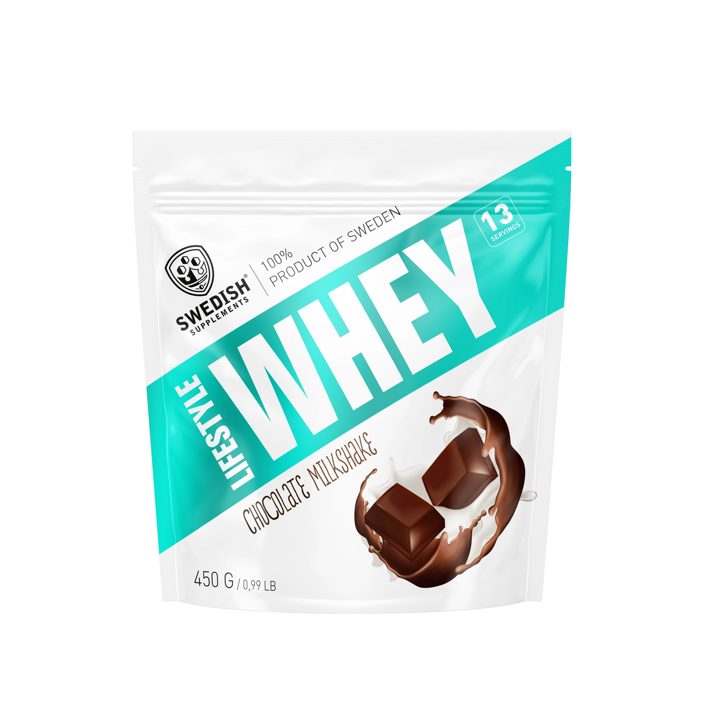 Swedish Supplements Lifestyle Whey 450 g -proteiinijauhe valko-turkoosissa pussissa, makuna Chocolate Milkshake., kuva 2/8