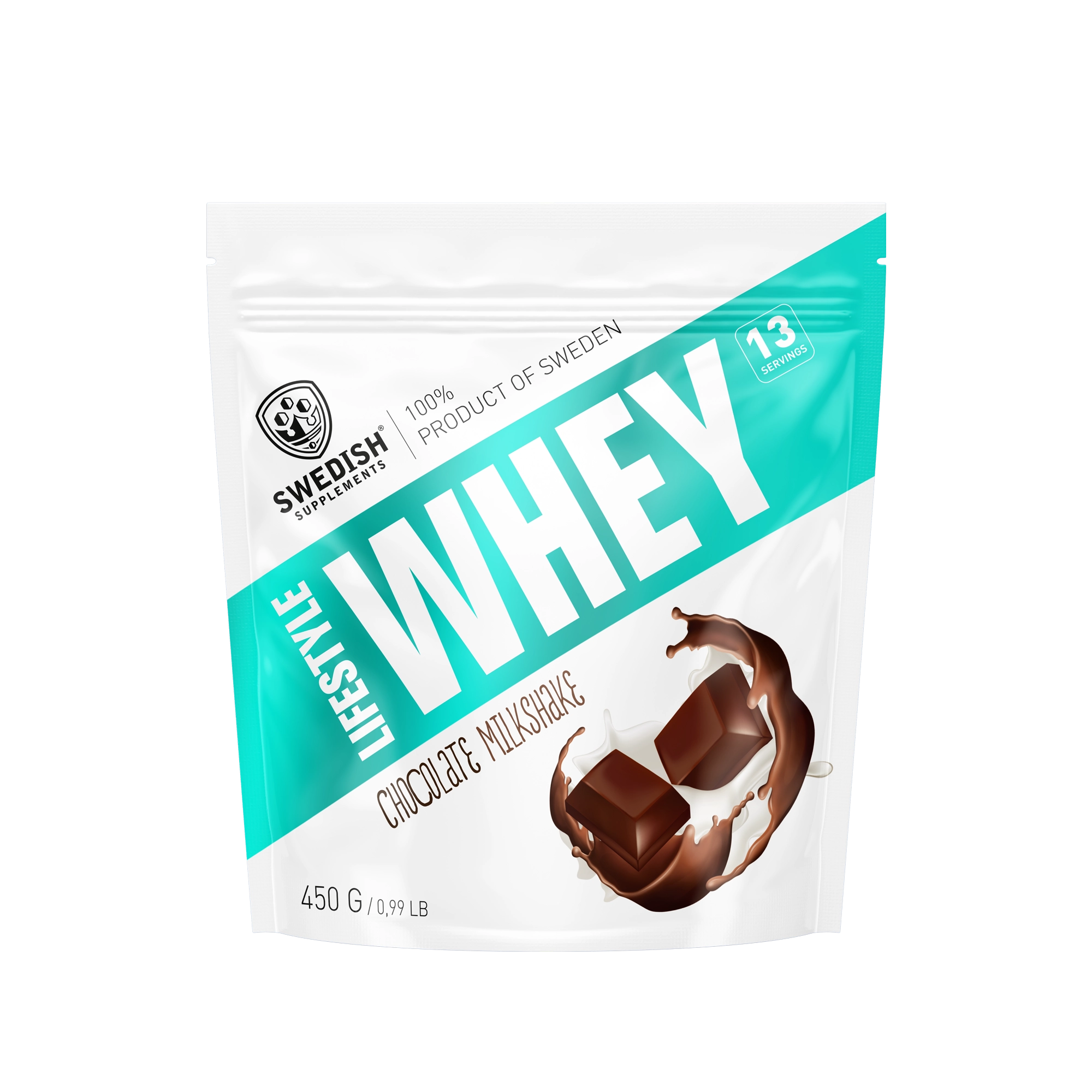 Swedish Supplements Lifestyle Whey 450 g -proteiinijauhe valko-turkoosissa pussissa, makuna Chocolate Milkshake., kuva 2/8