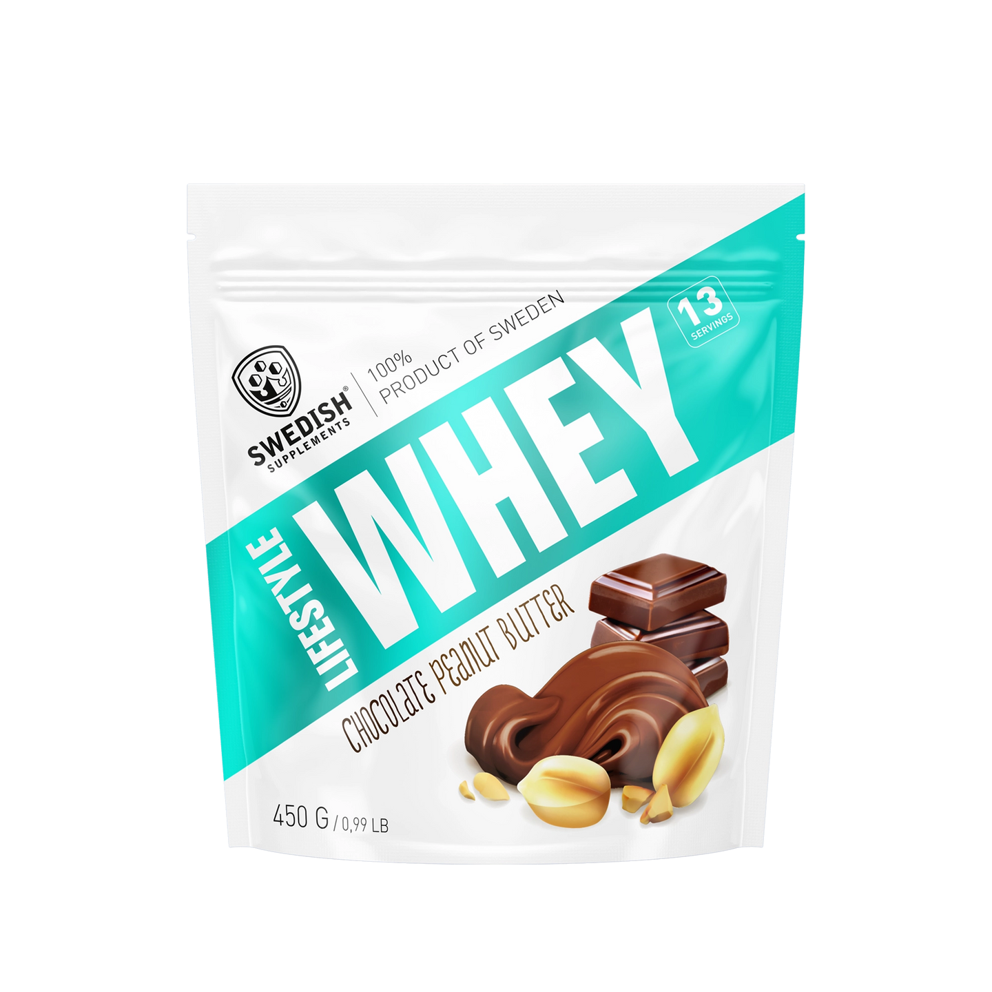 Swedish Supplements Lifestyle Whey 450 g -proteiinijauhe valko-turkoosissa pussissa, makuna Chocolate Peanut Butter., kuva 3/8