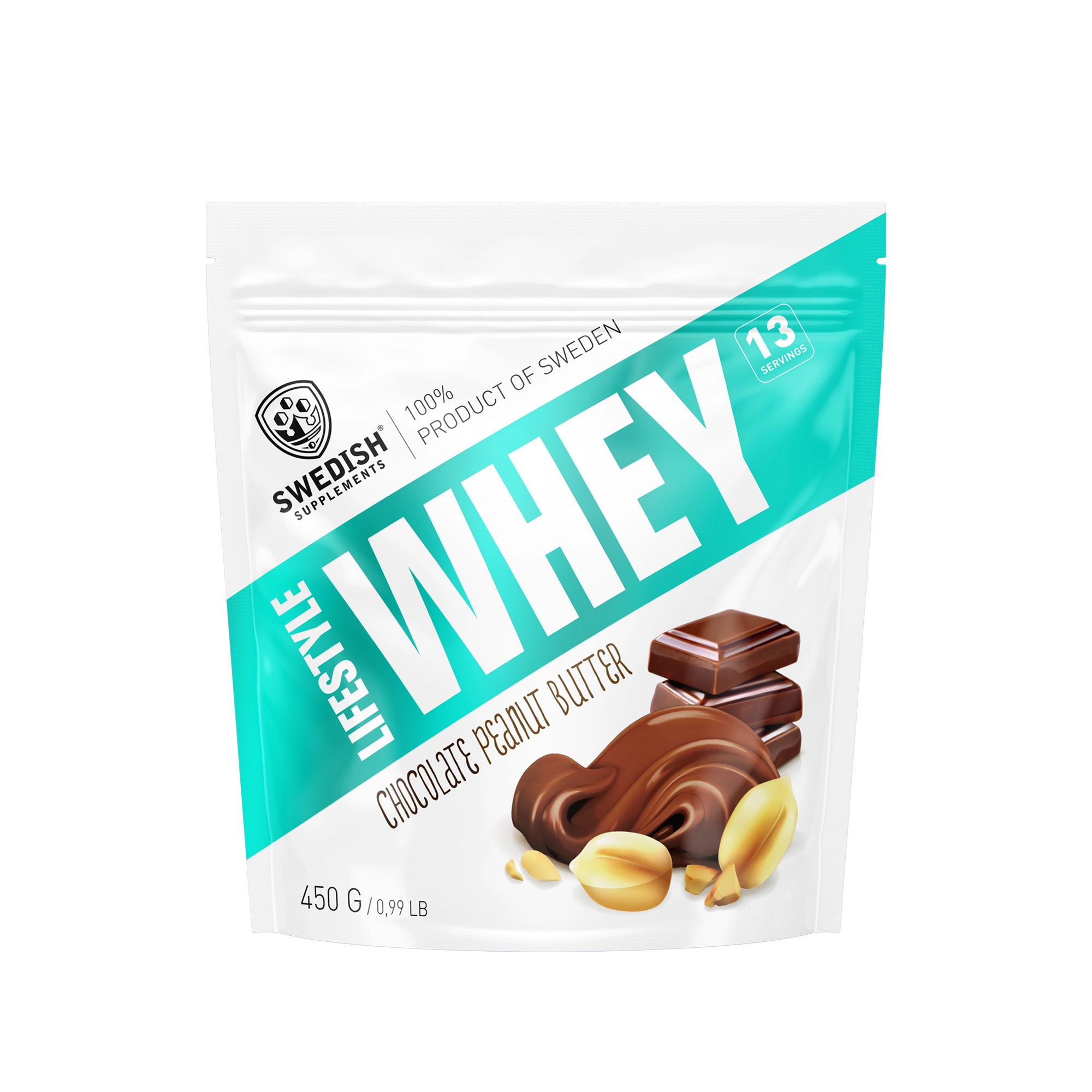 Swedish Supplements Lifestyle Whey 450 g -proteiinijauhe valko-turkoosissa pussissa, makuna Chocolate Peanut Butter., kuva 3/8
