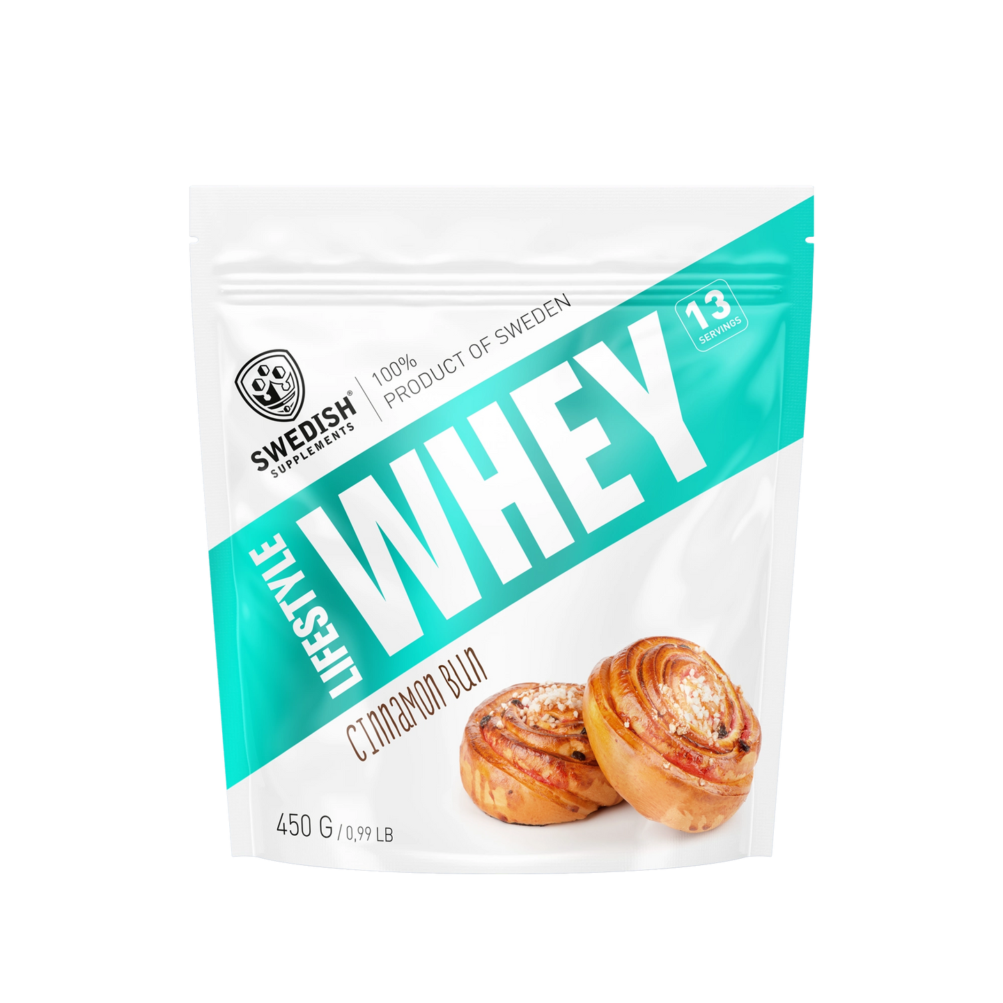 Swedish Supplements Lifestyle Whey 450 g -proteiinijauhe valko-turkoosissa pussissa, makuna Cinnamon Bun., kuva 4/8