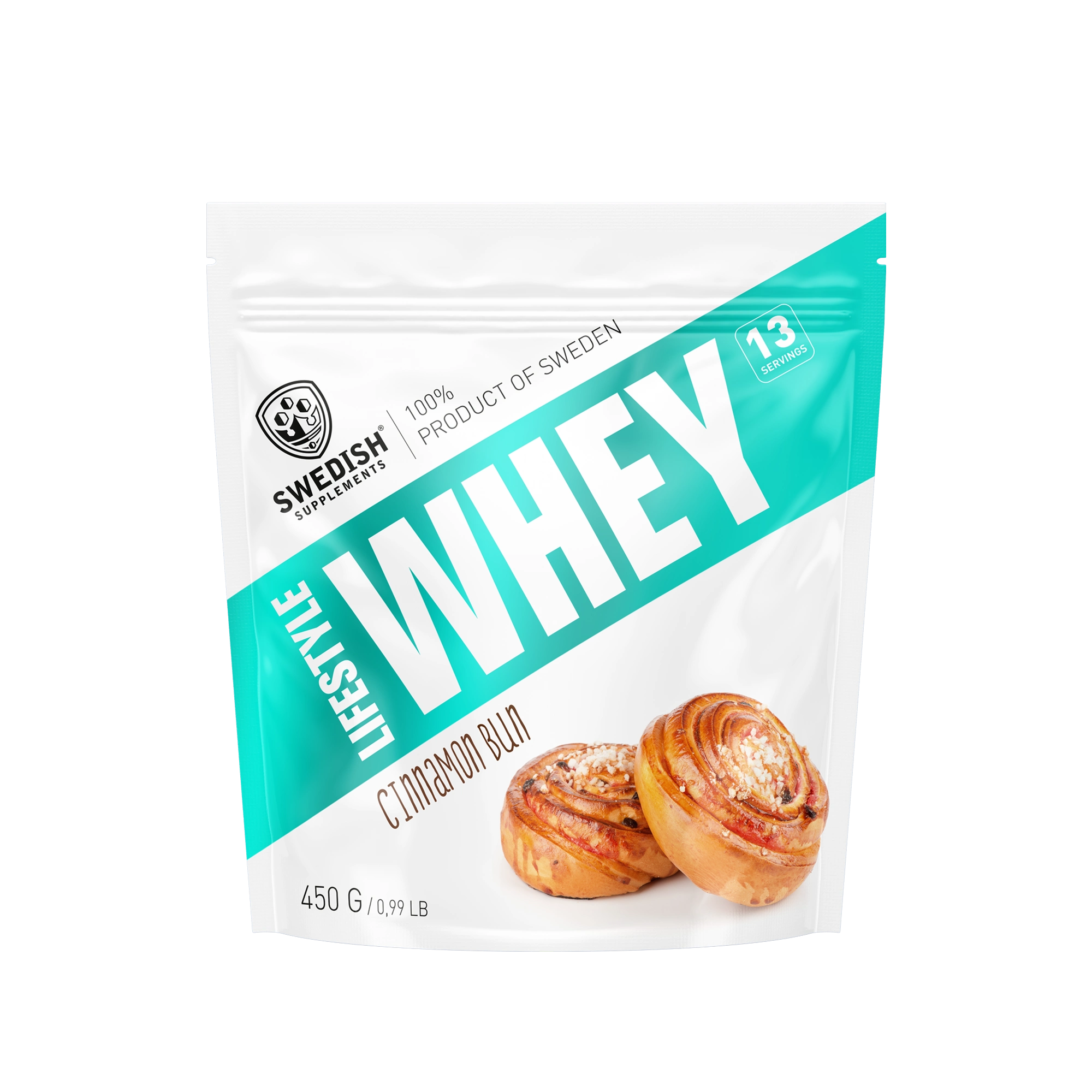 Swedish Supplements Lifestyle Whey 450 g -proteiinijauhe valko-turkoosissa pussissa, makuna Cinnamon Bun., kuva 4/8