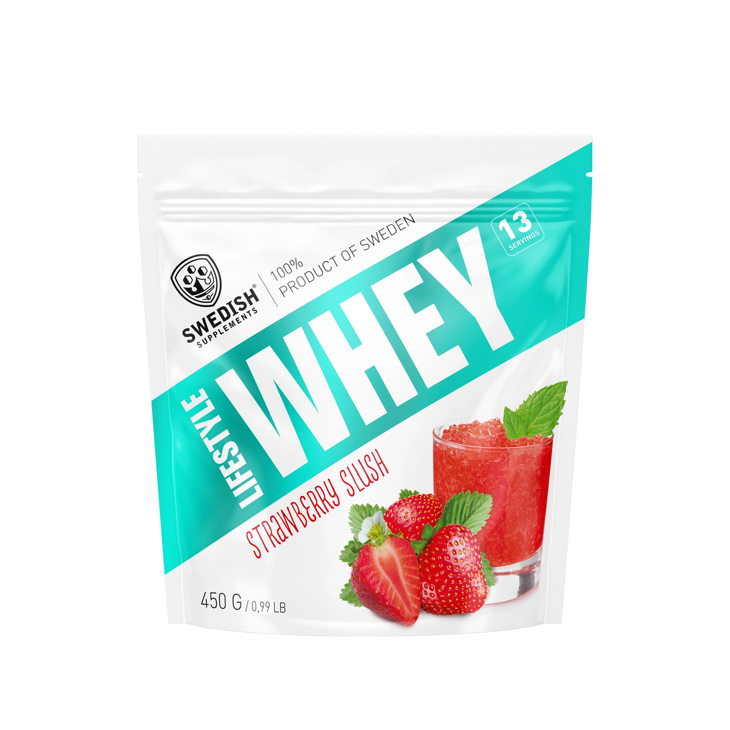 Swedish Supplements Lifestyle Whey 450 g -proteiinijauhe valko-turkoosissa pussissa, makuna Strawberry Slush., kuva 5/8