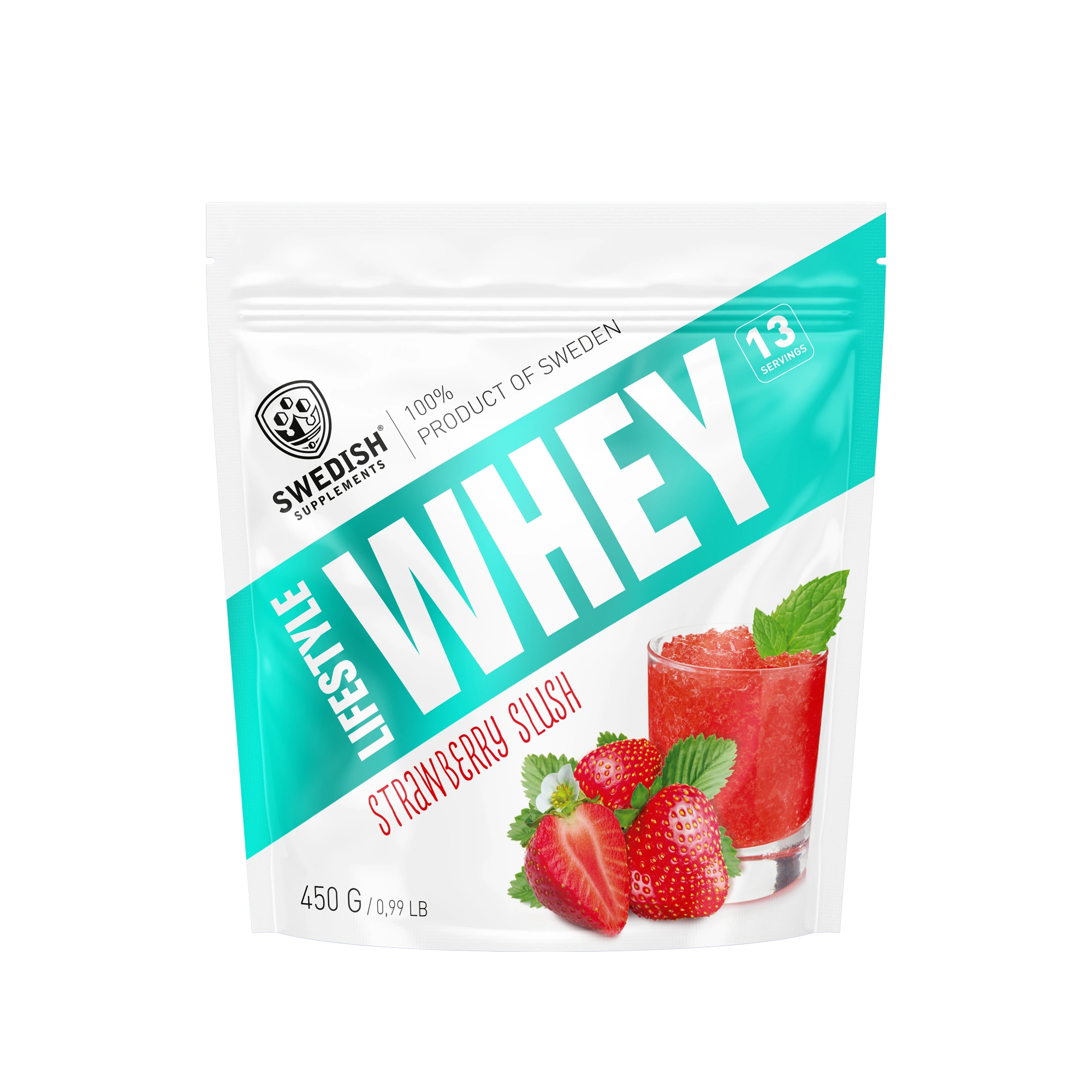 Swedish Supplements Lifestyle Whey 450 g -proteiinijauhe valko-turkoosissa pussissa, makuna Strawberry Slush., kuva 5/8