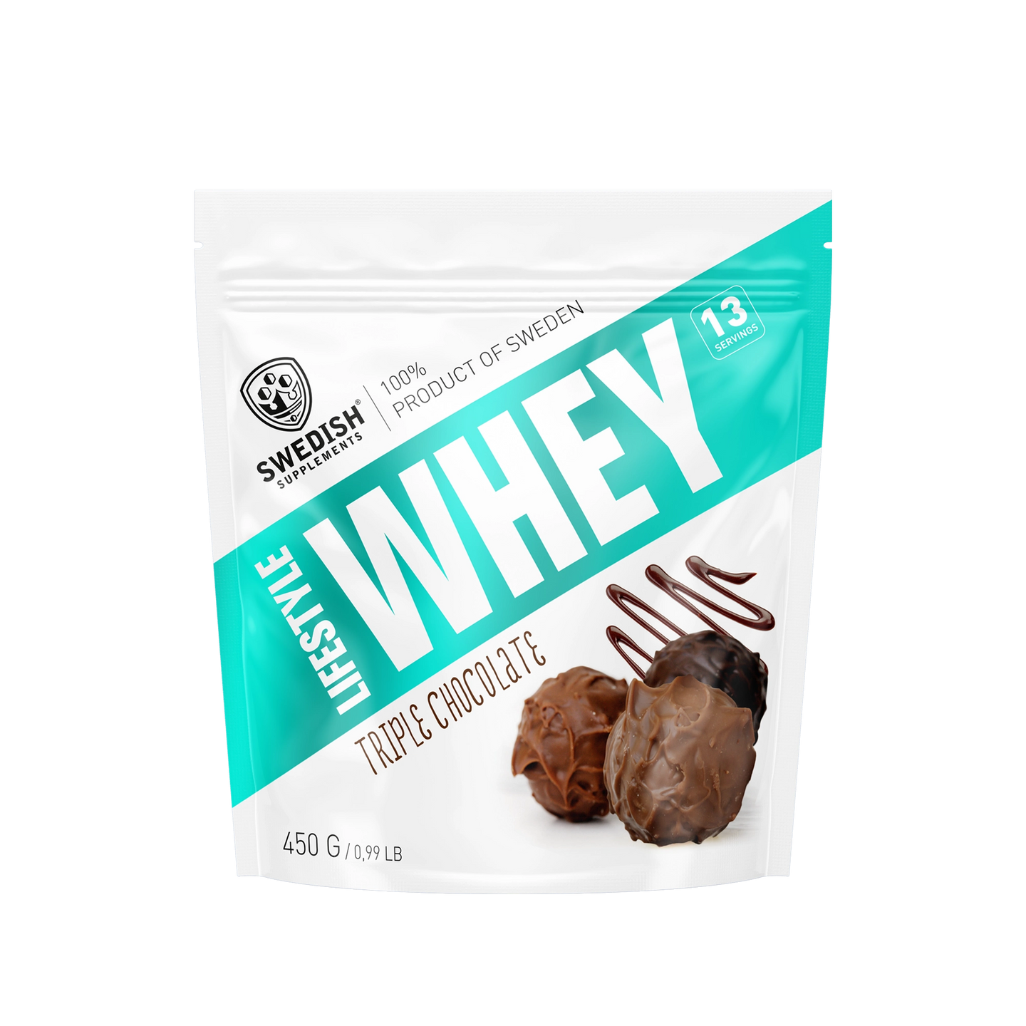Swedish Supplements Lifestyle Whey 450 g -proteiinijauhe valkoisessa pussissa turkooseilla yksityiskohdilla, makuna Triple Chocolate., kuva 6/8