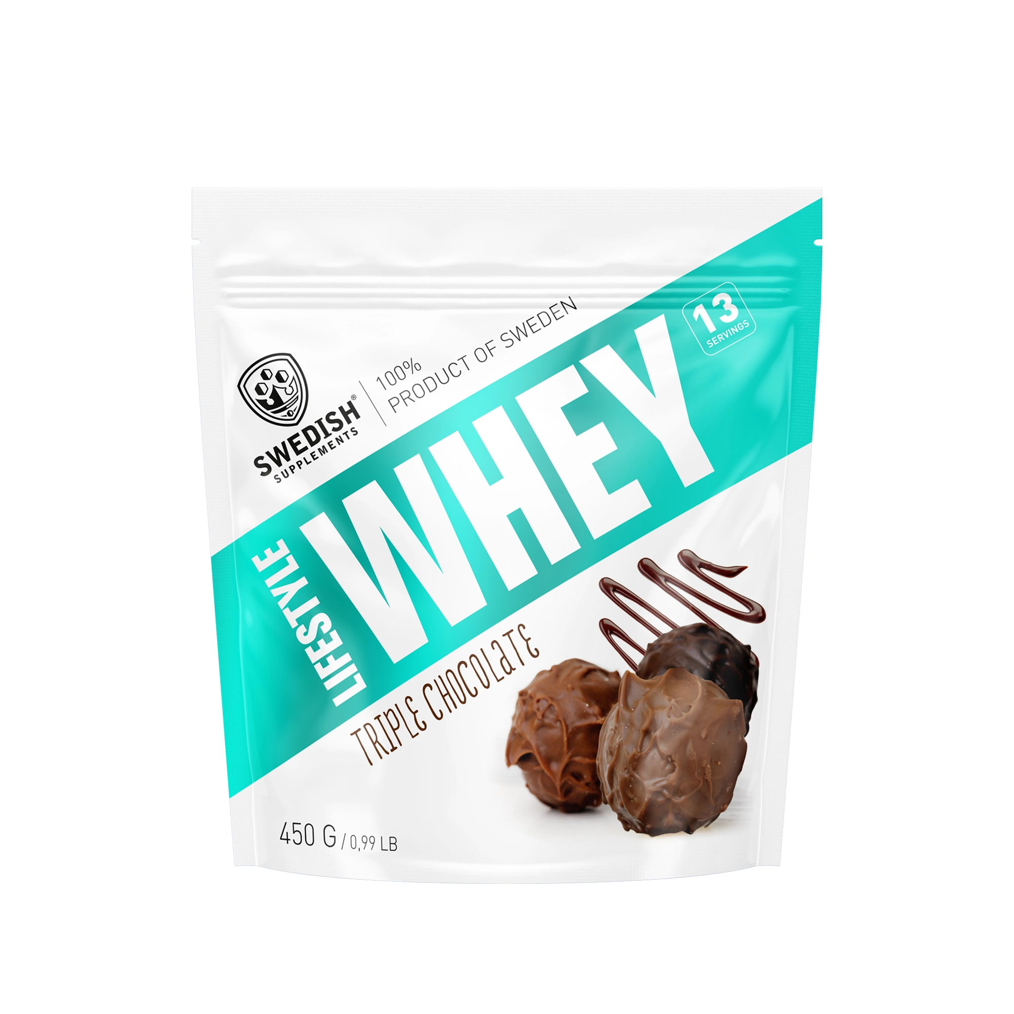 Swedish Supplements Lifestyle Whey 450 g -proteiinijauhe valkoisessa pussissa turkooseilla yksityiskohdilla, makuna Triple Chocolate., kuva 6/8