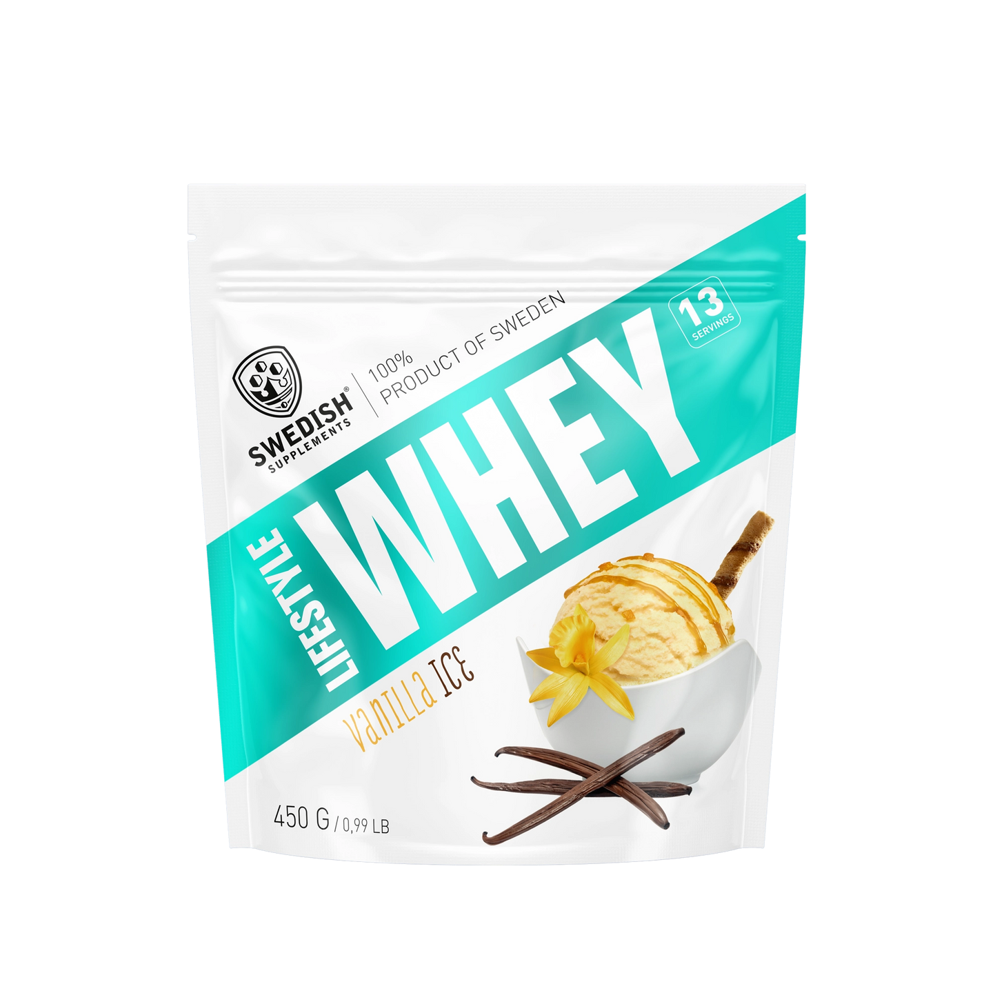 Swedish Supplements Lifestyle Whey 450 g -proteiinijauhe valko-turkoosissa pussissa, makuna Vanilla Ice., kuva 7/8