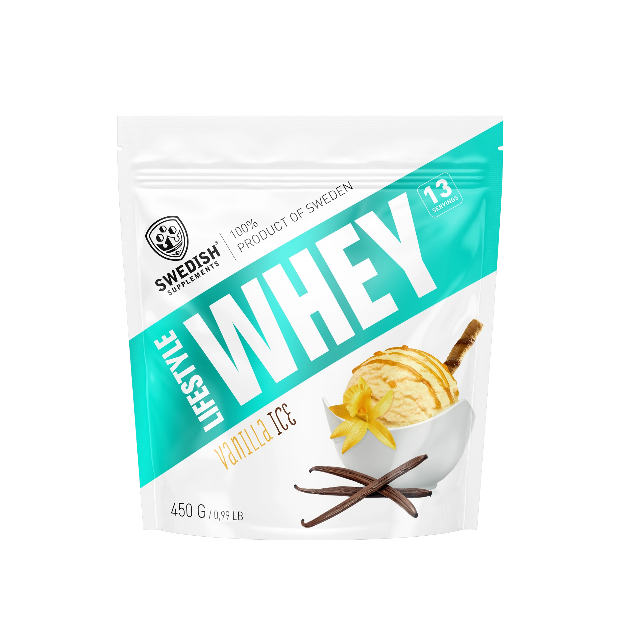 Swedish Supplements Lifestyle Whey 450 g -proteiinijauhe valko-turkoosissa pussissa, makuna Vanilla Ice., kuva 7/8
