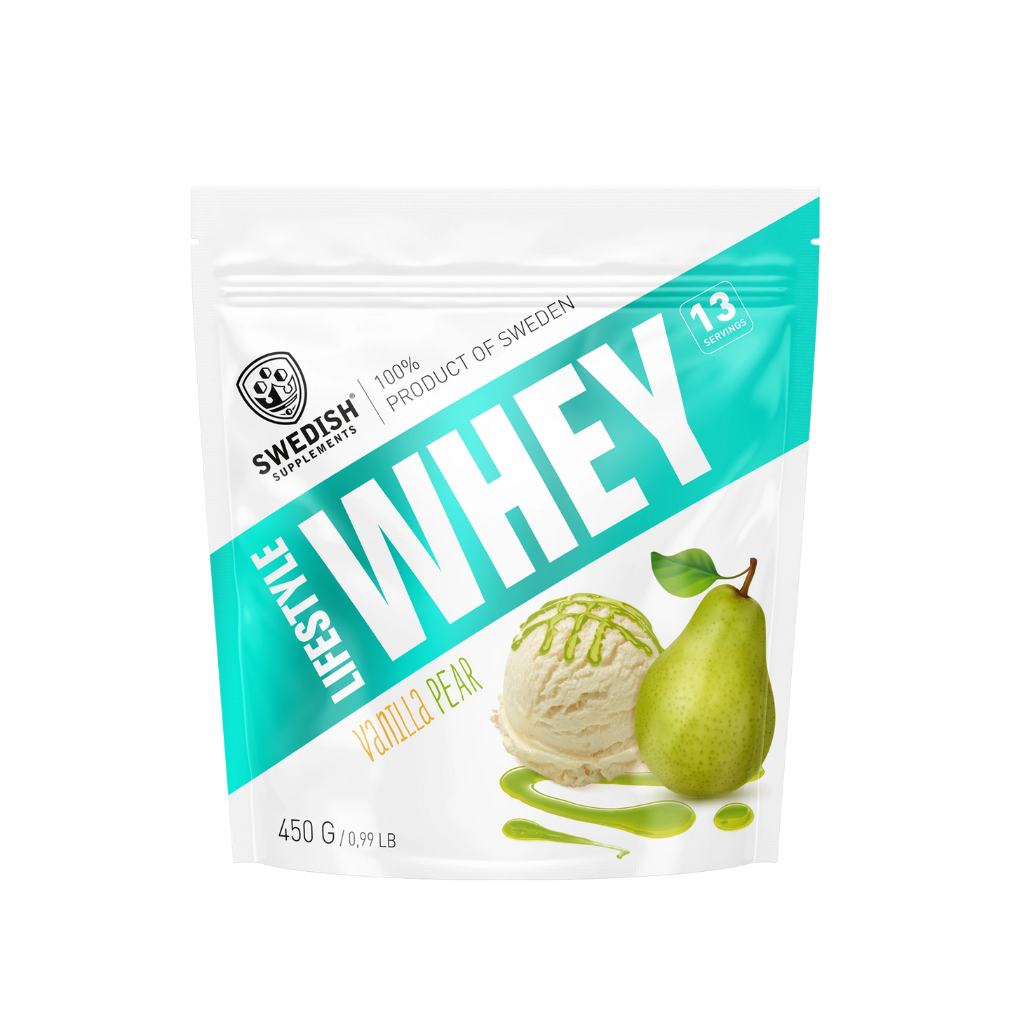 Swedish Supplements Lifestyle Whey 450 g -proteiinijauhe valko-turkoosissa pussissa, makuna Vanilla Pear., kuva 8/8