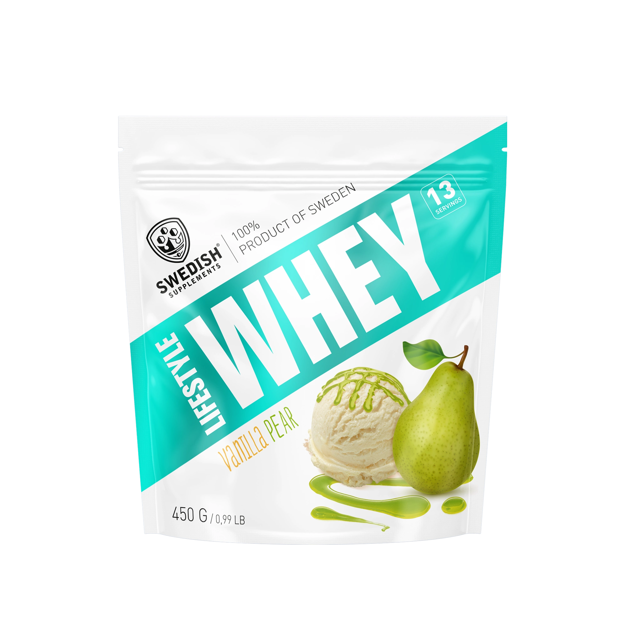 Swedish Supplements Lifestyle Whey 450 g -proteiinijauhe valko-turkoosissa pussissa, makuna Vanilla Pear., kuva 8/8