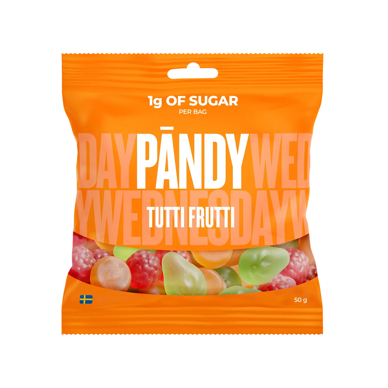 Pändy Candy 50 g Tutti Frutti oranssissa pussissa, jossa on kuva värikkäistä hyytelökarkeista.