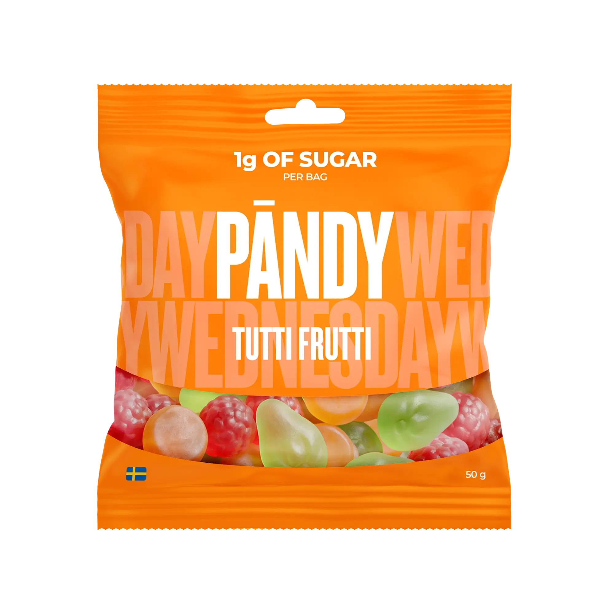 Pändy Candy 50 g Tutti Frutti oranssissa pussissa, jossa on kuva värikkäistä hyytelökarkeista., kuva 1/1