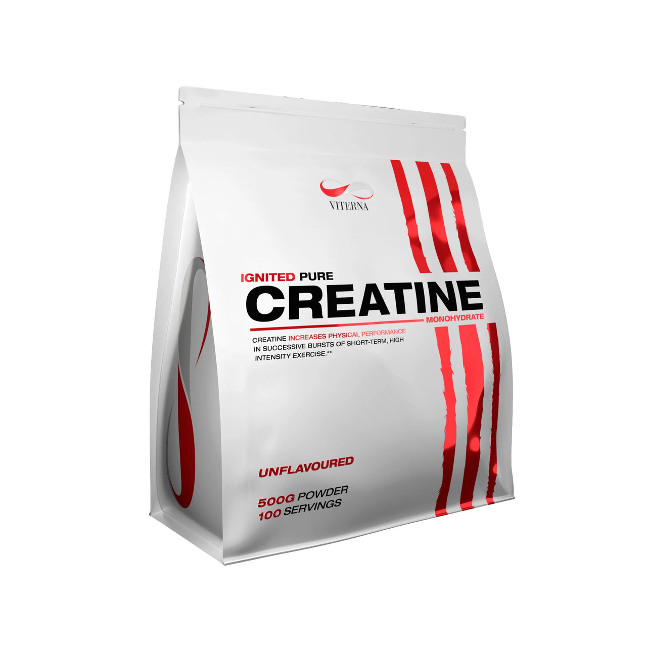 Viterna Ignited Pure Creatine 500 g -kreatiinijauhe valkoisessa pussissa punaisilla yksityiskohdilla, maustamaton.