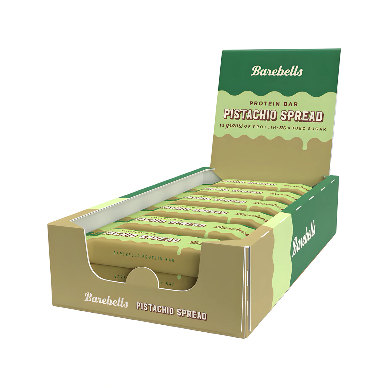12 x Barebells Soft Protein Bar 45 g Pistachio Spread vihreässä ja vaaleanruskeassa myyntilaatikossa.