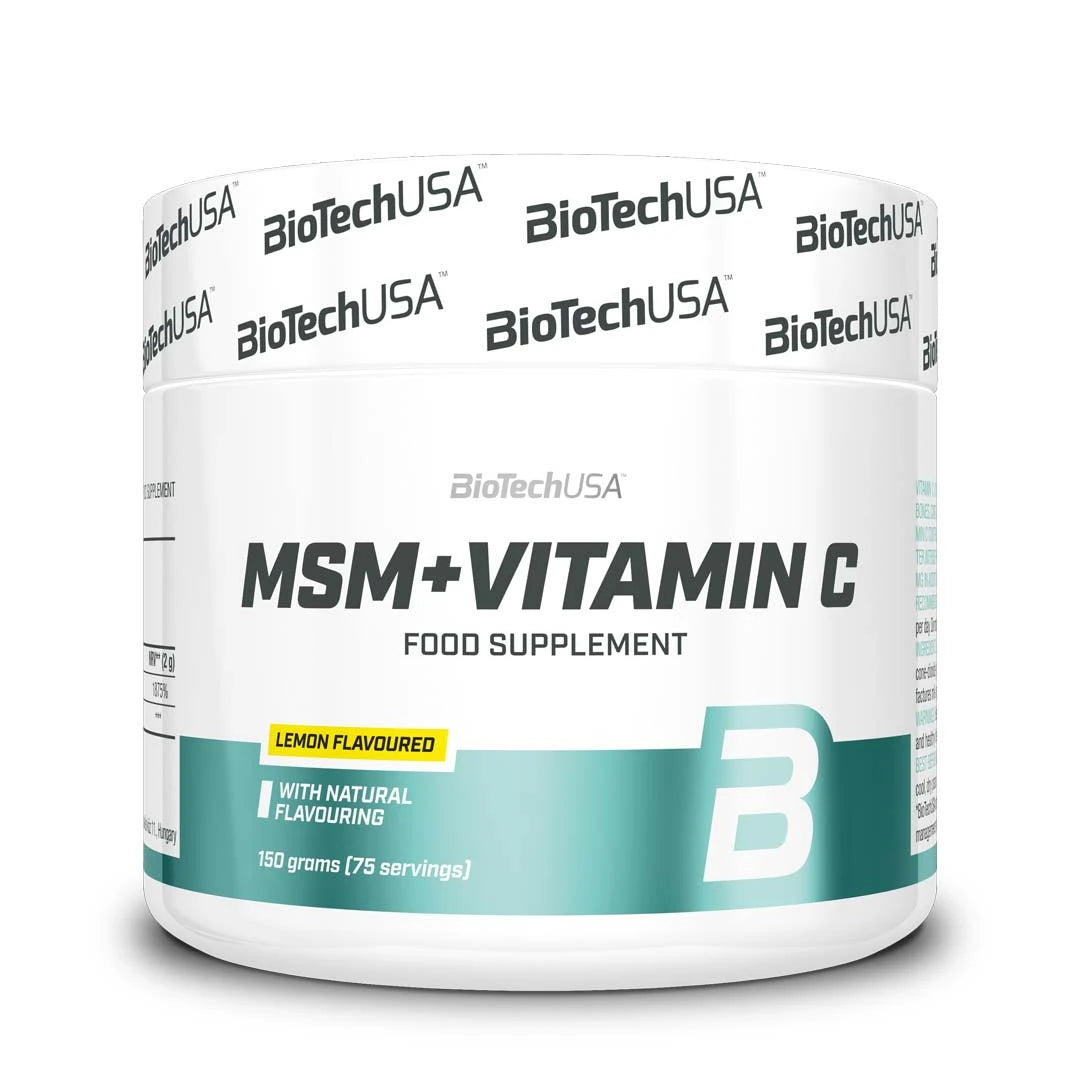 Sitruunanmakuinen BioTechUSA MSM + Vitamin C 150 g -ravintolisäjauhe valkoisessa purkissa turkooseilla yksityiskohdilla.