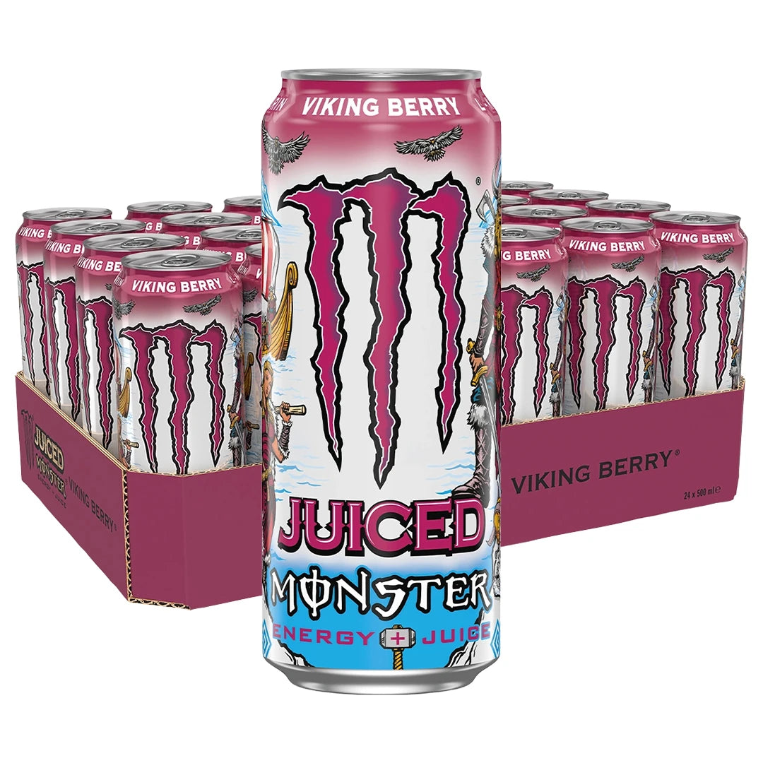 24 x Monster Energy 500 ml Viking Berry tummanroosassa lavassa, jossa on pinkkejä ja vaaleansinisiä energiajuomatölkkejä.