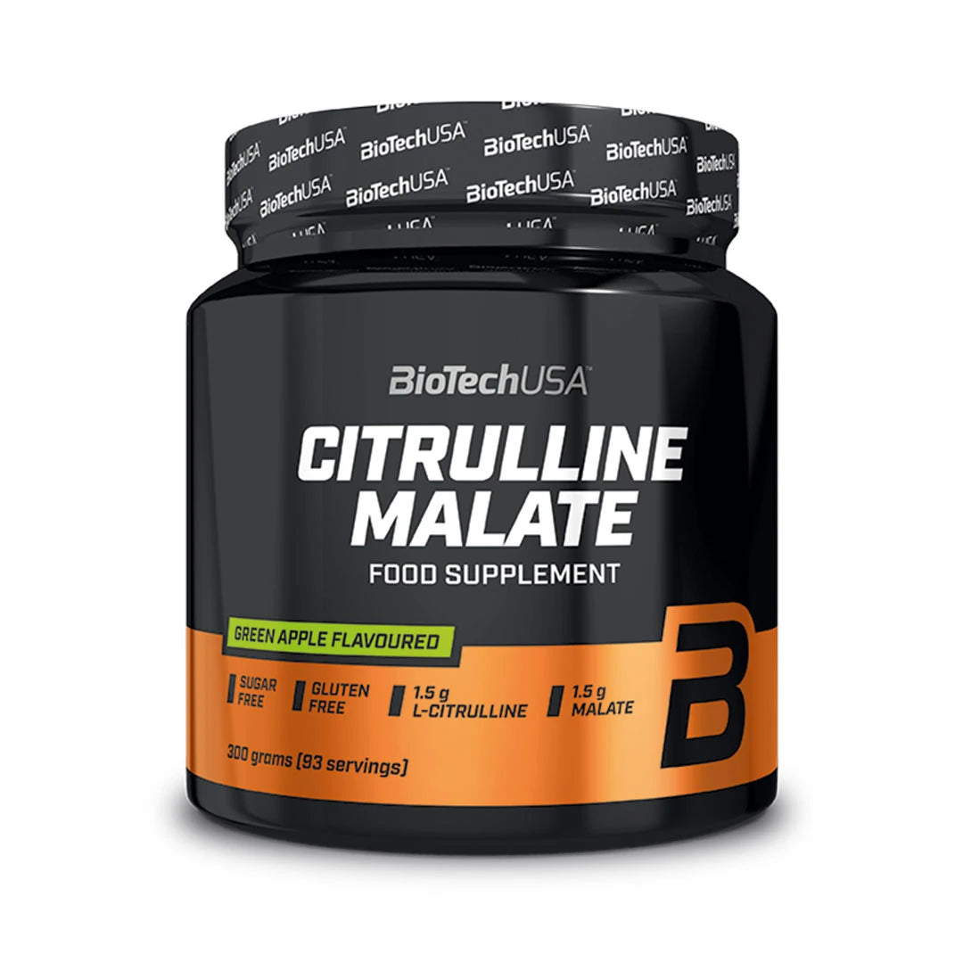 BioTechUSA Citrulline Malate Powder 300 g mustassa ja oranssissa purkissa, makuna vihreä omena.