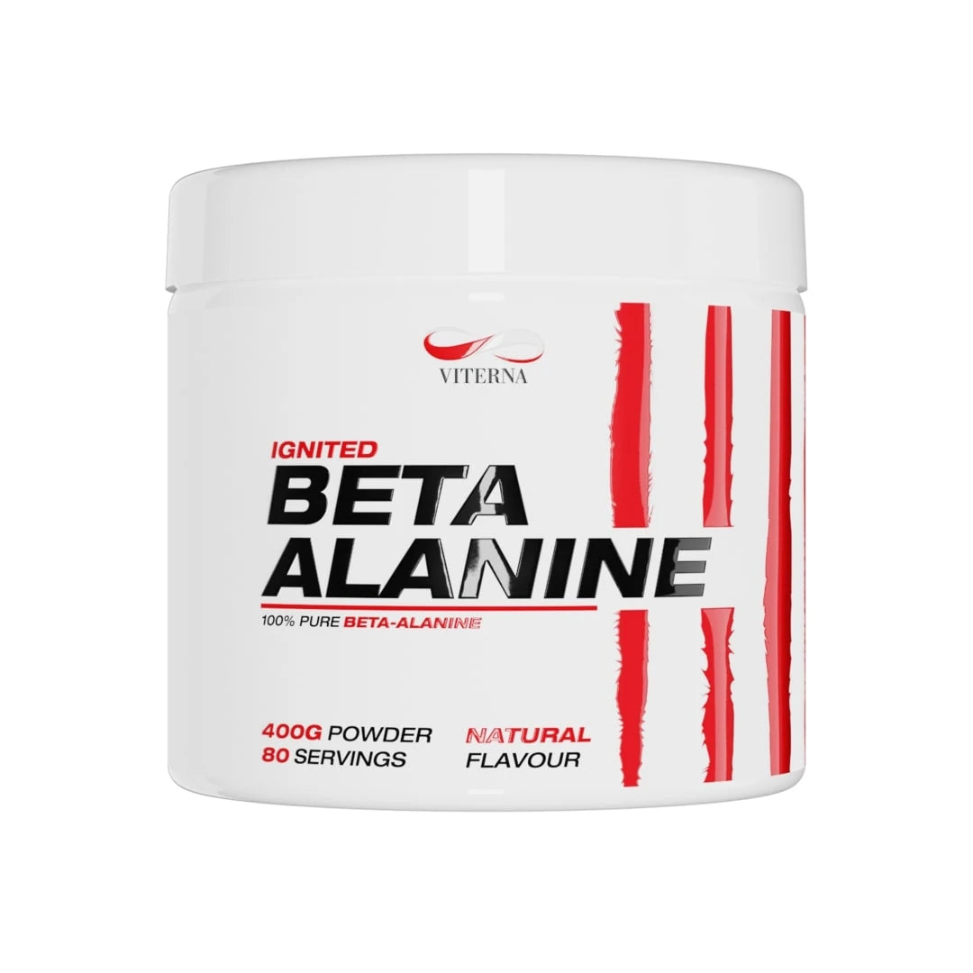 Viterna Beta Alanine Powder 400 g -aminohappojauhe valkoisessa purkissa punaisilla yksityiskohdilla, maustamaton.