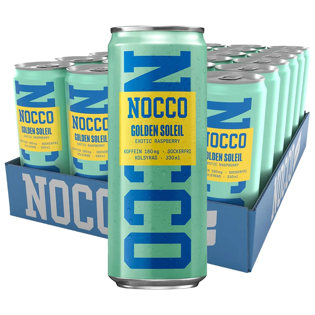 24 x NOCCO Golden Soleil 330 ml sinisessä laatikossa, täynnä vaaleanvihreitä tölkkejä sinikeltaisin yksityiskohdin.