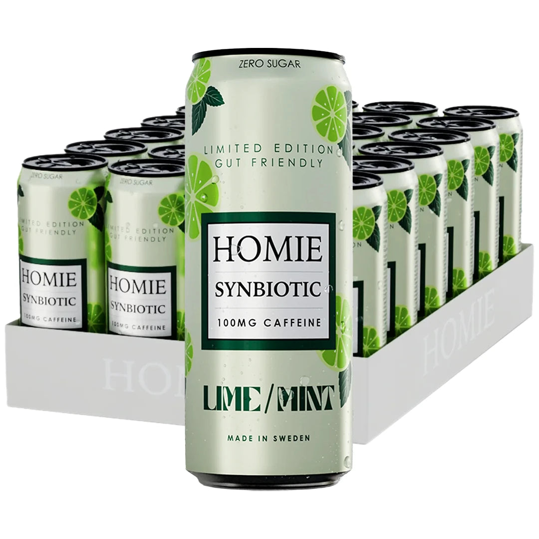 24 x Homie Wake Up Synbiotic 330 ml Lime/Mint valkoisessa laatikossa vaaleanvihreitä tölkkejä limenviipaleilla.