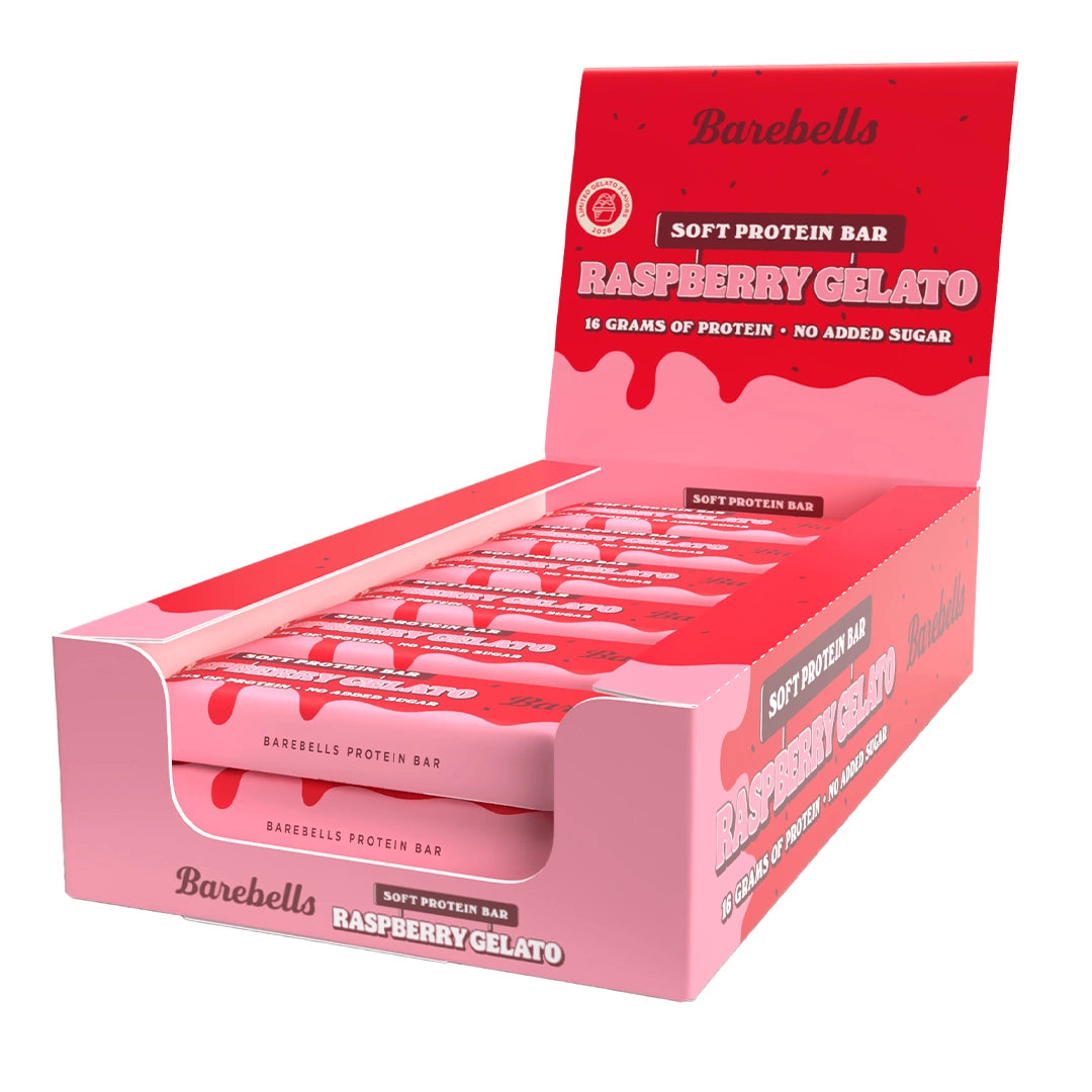 12 x Barebells Soft Bar 55 g Raspberry Gelato vaaleanpunaisessa ja punaisessa esittelylaatikossa.