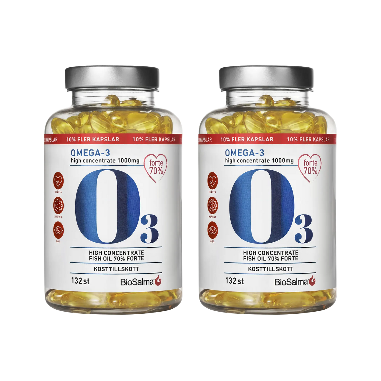 2 x BioSalma Omega-3 Forte 70% 1000 mg 132 caps läpinäkyvissä purkeissa hopeakansilla, täynnä keltaisia kalaöljykapseleita.