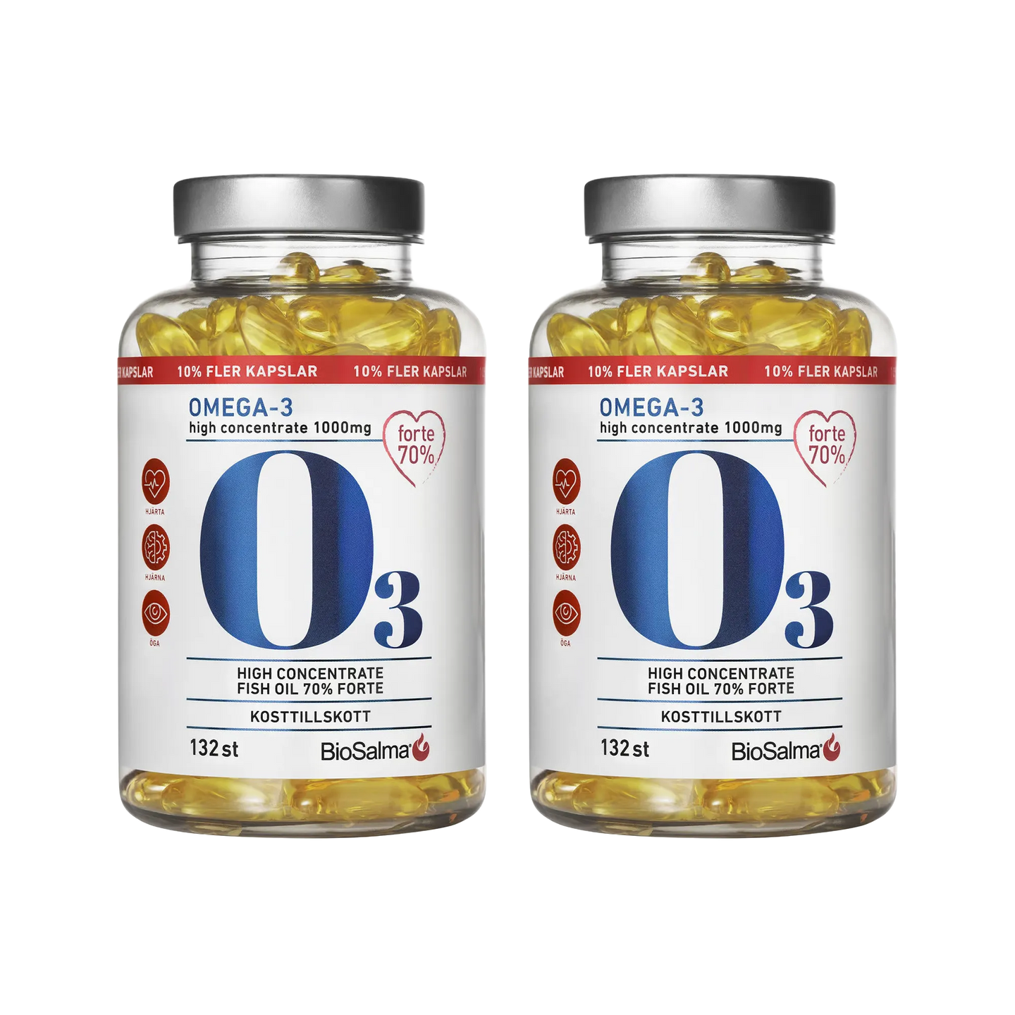 2 x BioSalma Omega-3 Forte 70% 1000 mg 132 caps läpinäkyvissä purkeissa hopeakansilla, täynnä keltaisia kalaöljykapseleita.
