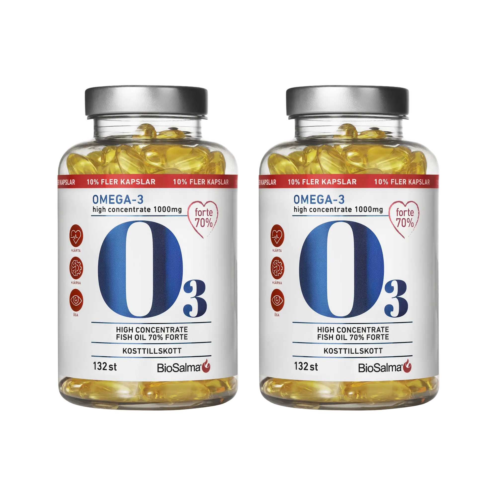 2 x BioSalma Omega-3 Forte 70% 1000 mg 132 caps läpinäkyvissä purkeissa hopeakansilla, täynnä keltaisia kalaöljykapseleita.