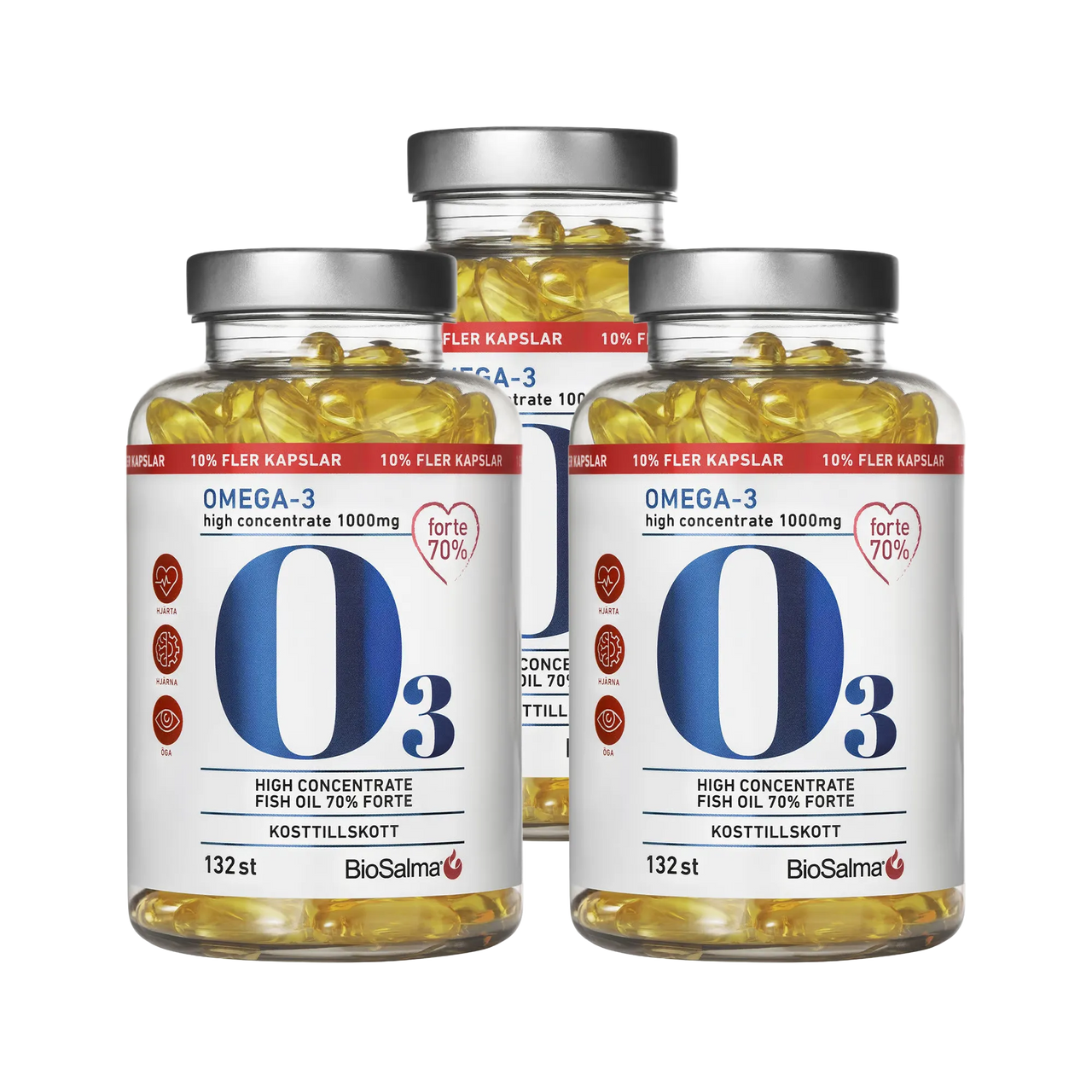 3 x BioSalma Omega-3 Forte 70% 1000 mg 132 caps kolmessa läpinäkyvässä, hopeakantisessa purkissa keltaisilla kapseleilla.
