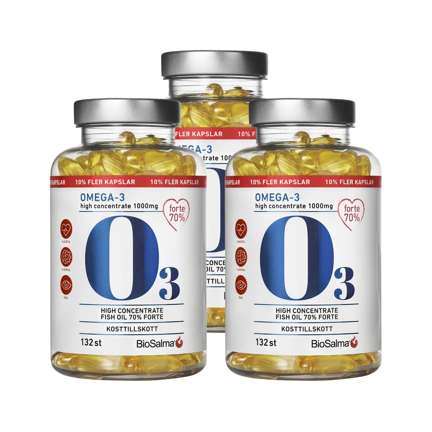 3 x BioSalma Omega-3 Forte 70% 1000 mg 132 caps kolmessa läpinäkyvässä, hopeakantisessa purkissa keltaisilla kapseleilla.