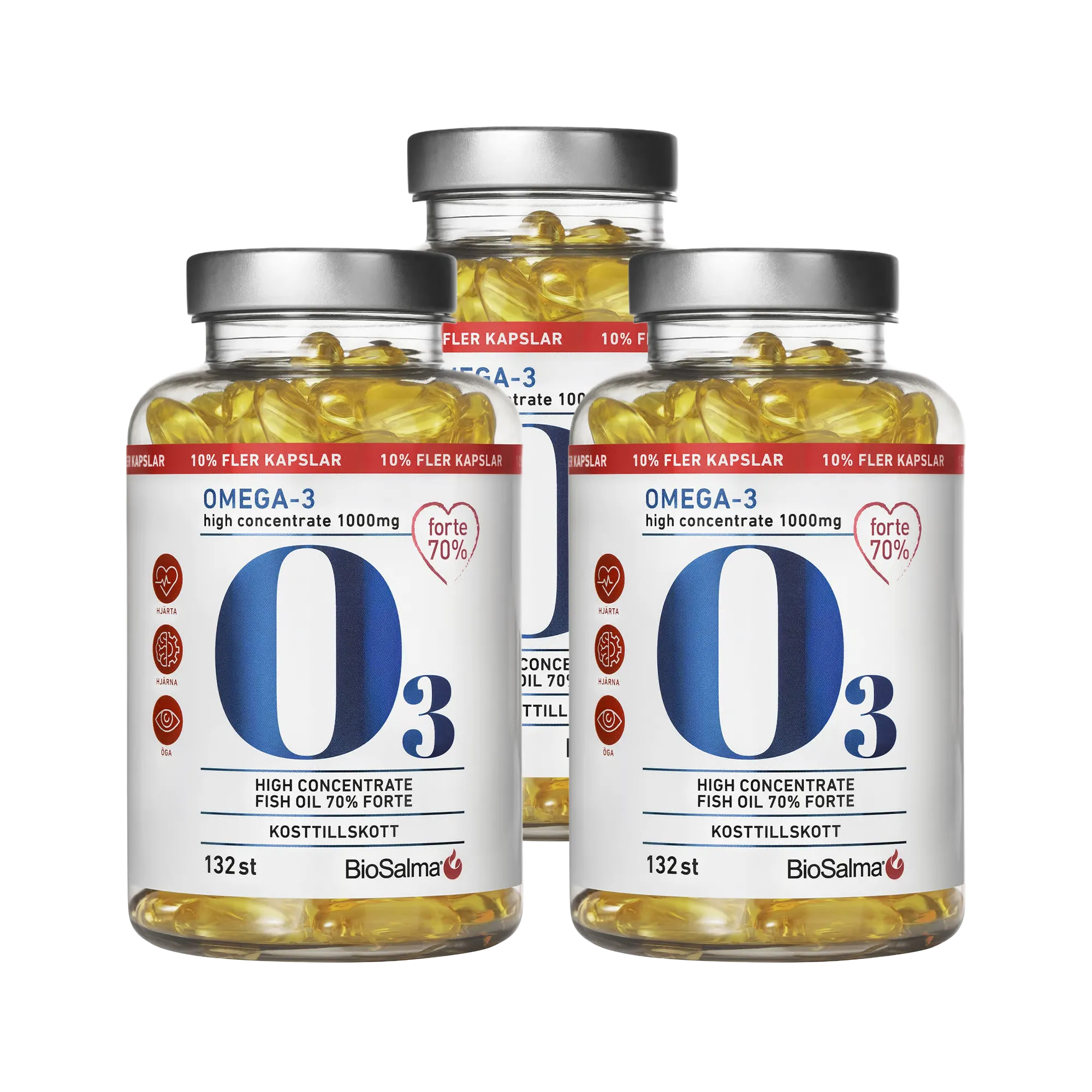 3 x BioSalma Omega-3 Forte 70% 1000 mg 132 caps kolmessa läpinäkyvässä, hopeakantisessa purkissa keltaisilla kapseleilla.