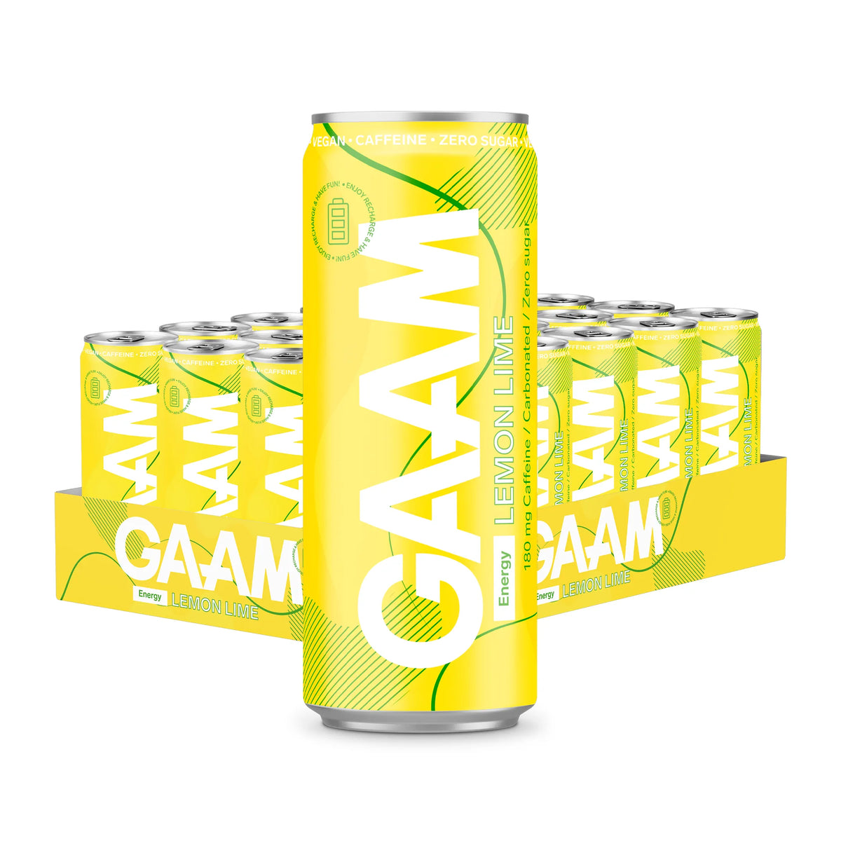 24 x GAAM Energy 330 ml Lemon Lime -energiajuoma keltaisella lavalla täynnä keltaisia tölkkejä vihreillä yksityiskohdilla., kuva 1/1