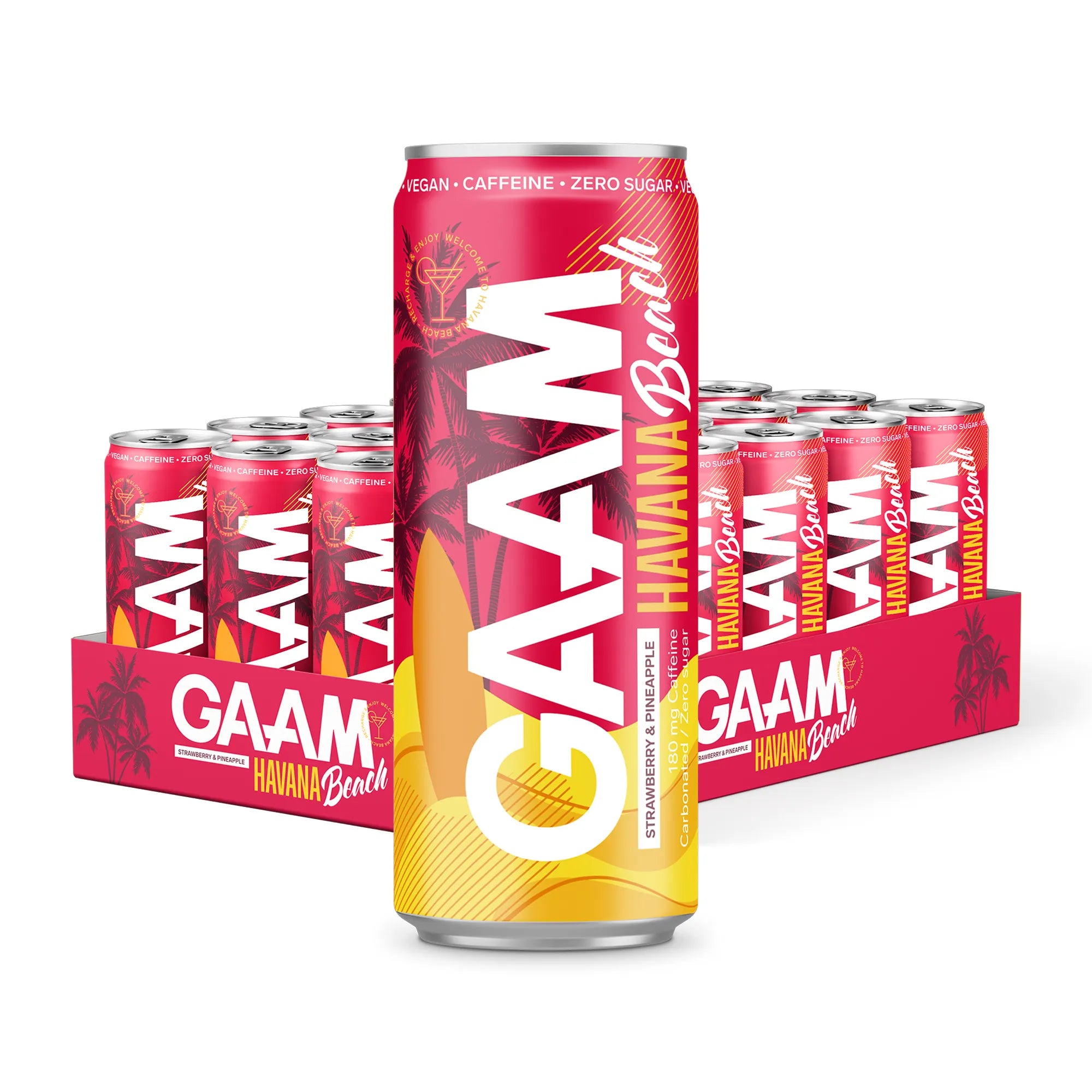 24 x GAAM Energy 330 ml Havana Beach punakeltaisessa laatikossa, täynnä palmukuvioisia energiajuomatölkkejä.