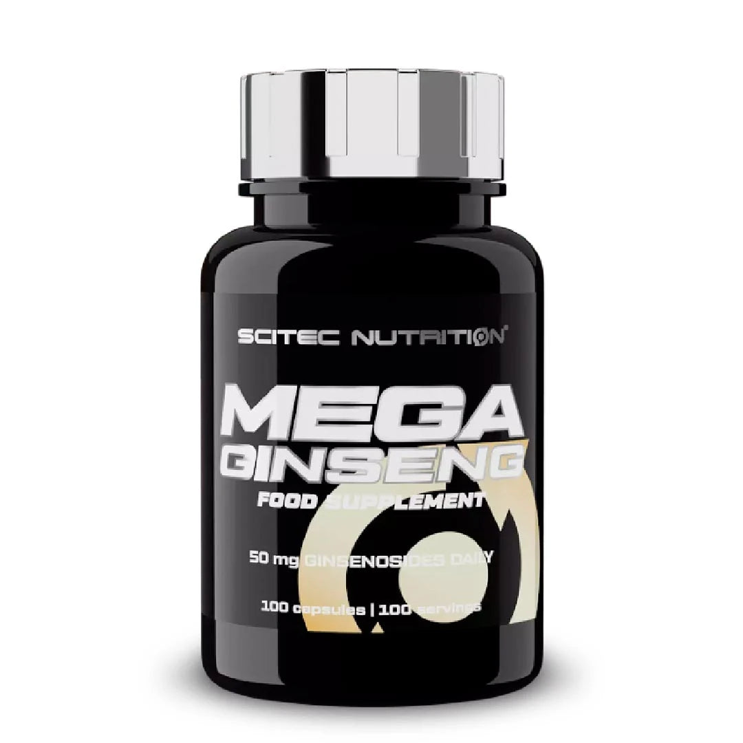 Scitec Nutrition Mega Ginseng 100 caps -kapselit mustassa, hopeakantisessa purkissa.