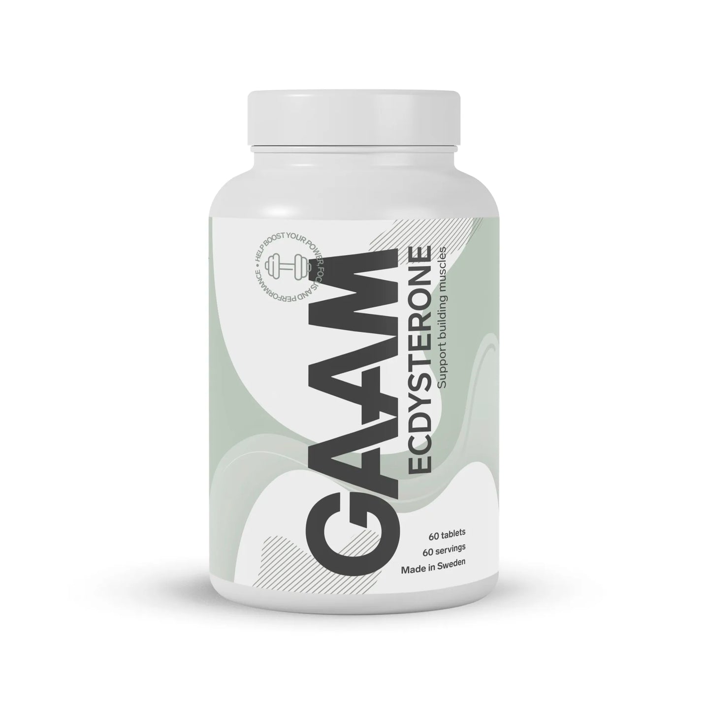 GAAM Ecdysterone 60 tabs -ravintolisä valkoisessa purkissa, jonka etiketissä on vihreitä ja harmaita yksityiskohtia.