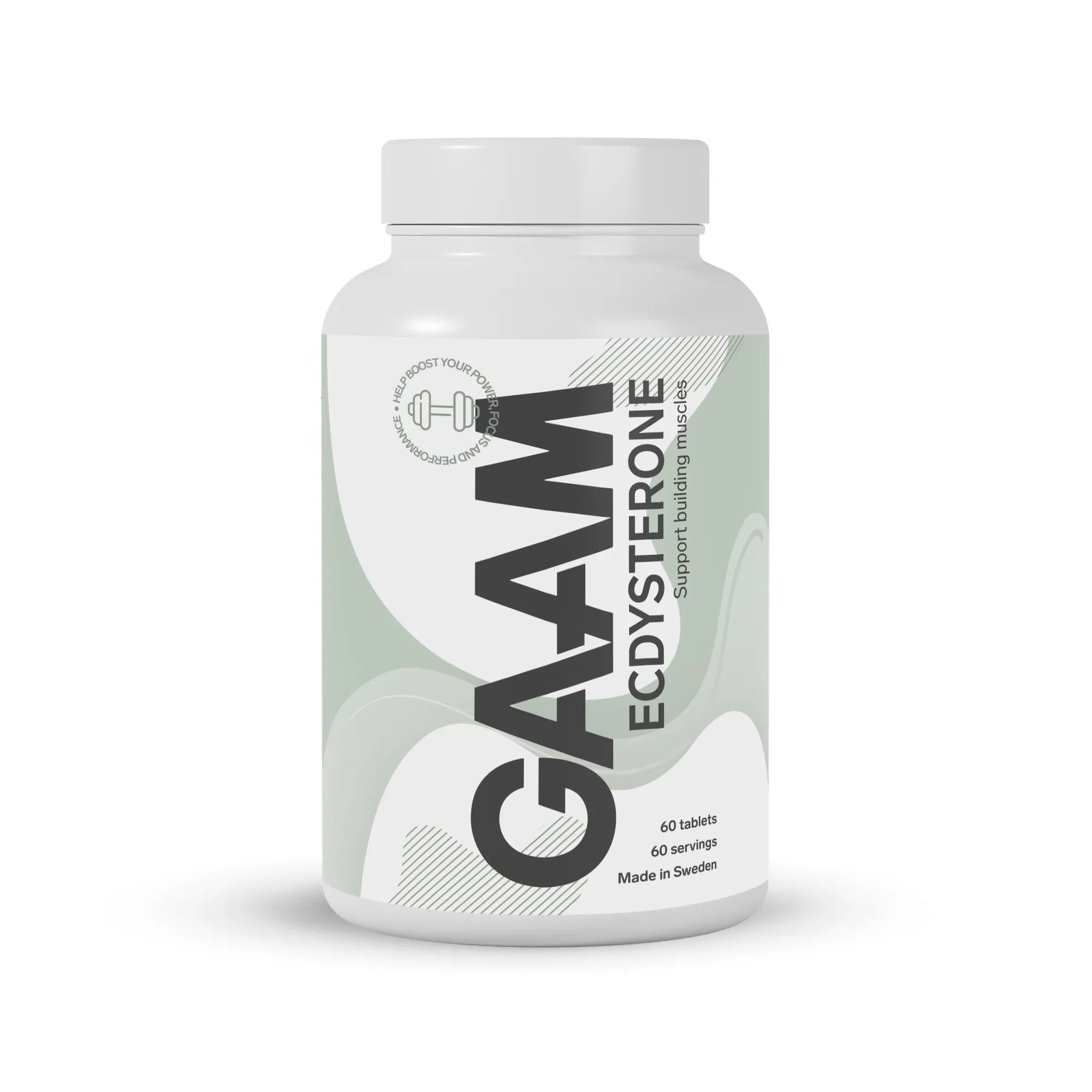 GAAM Ecdysterone 60 tabs -ravintolisä valkoisessa purkissa, jonka etiketissä on vihreitä ja harmaita yksityiskohtia.