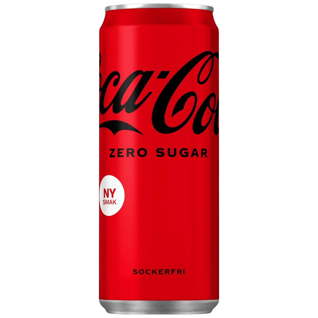 Punainen Coca-Cola Zero 330 ml -alumiinitölkki, klassinen sokeriton virvoitusjuoma.