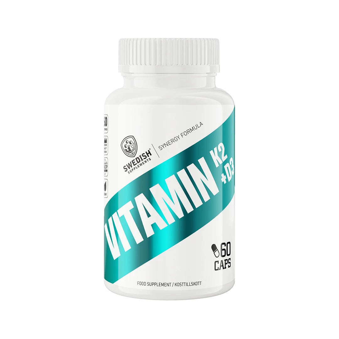 Swedish Supplements Vitamin K2 + D3 60 Caps -ravintolisä valkoisessa muovipurkissa turkooseilla yksityiskohdilla.