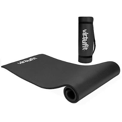 Musta nitriilikuminen Virtufit Fitness Mat 180 x 60 cm auki rullattuna, taustalla rullattu matto kantohihnalla.