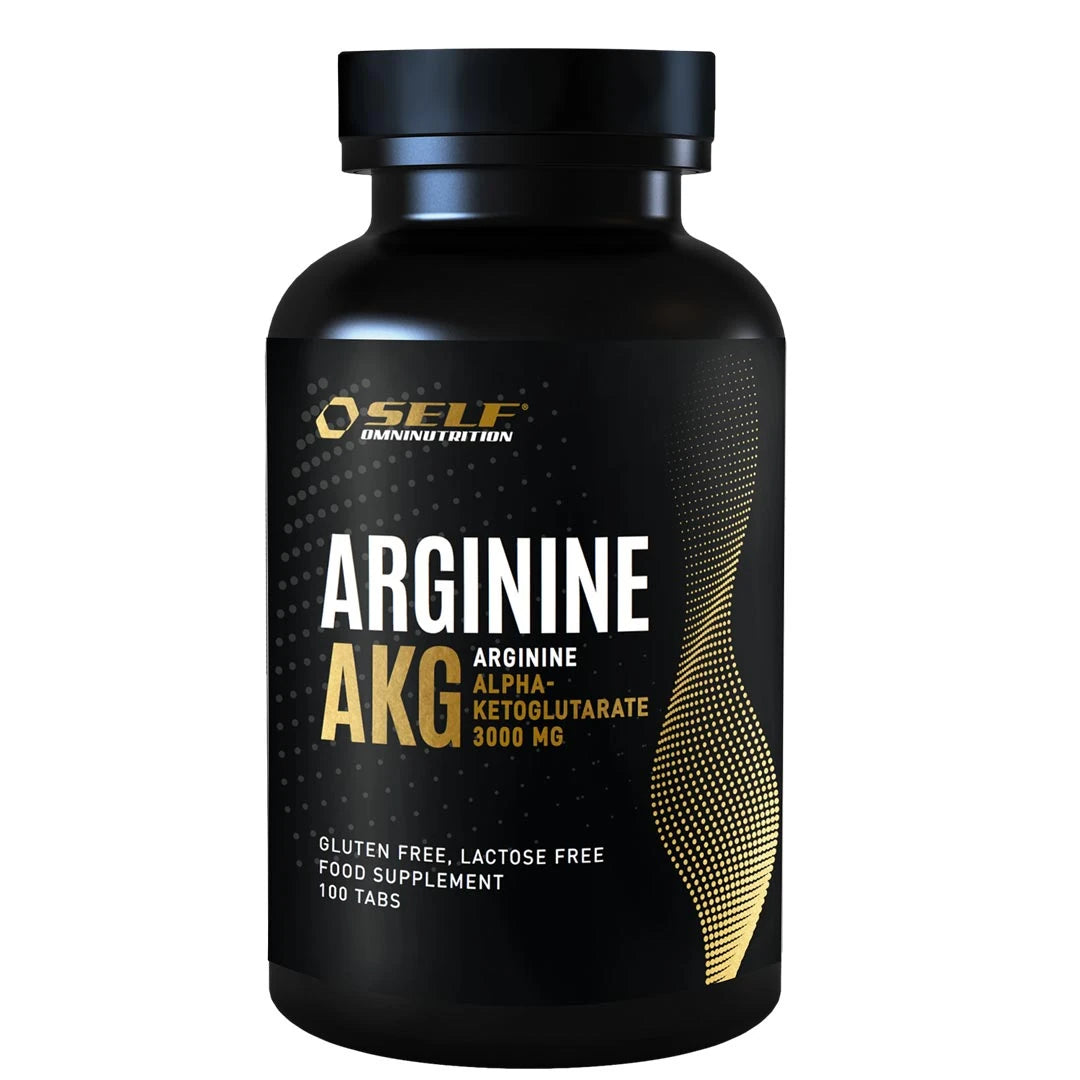Self Omninutrition Arginine AKG 100 tabs -ravintolisätabletit mustassa purkissa kultaisilla yksityiskohdilla.