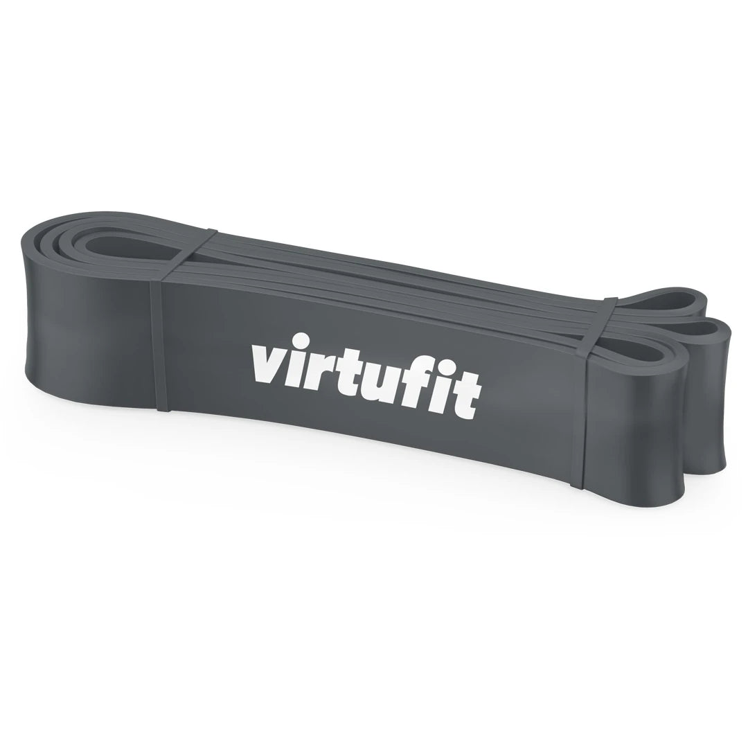 Tummanharmaa ja kestävä kuminen Virtufit Power Band Strong -vastuskuminauha valkoisella logolla.