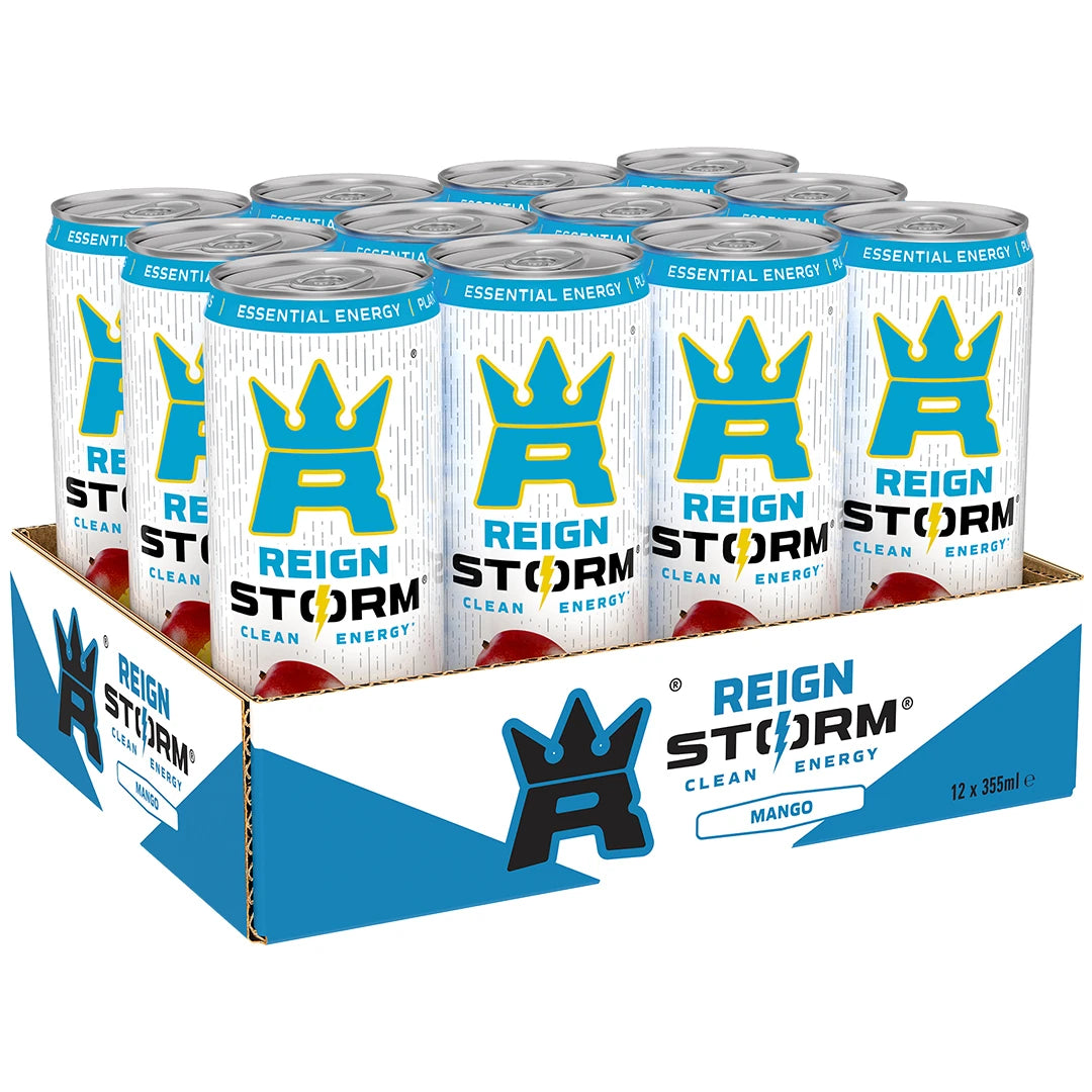 12 x Reign Storm Energy 355 ml Mango sinivalkoisessa laatikossa, jossa on yhteensopivat valkoiset tölkit.