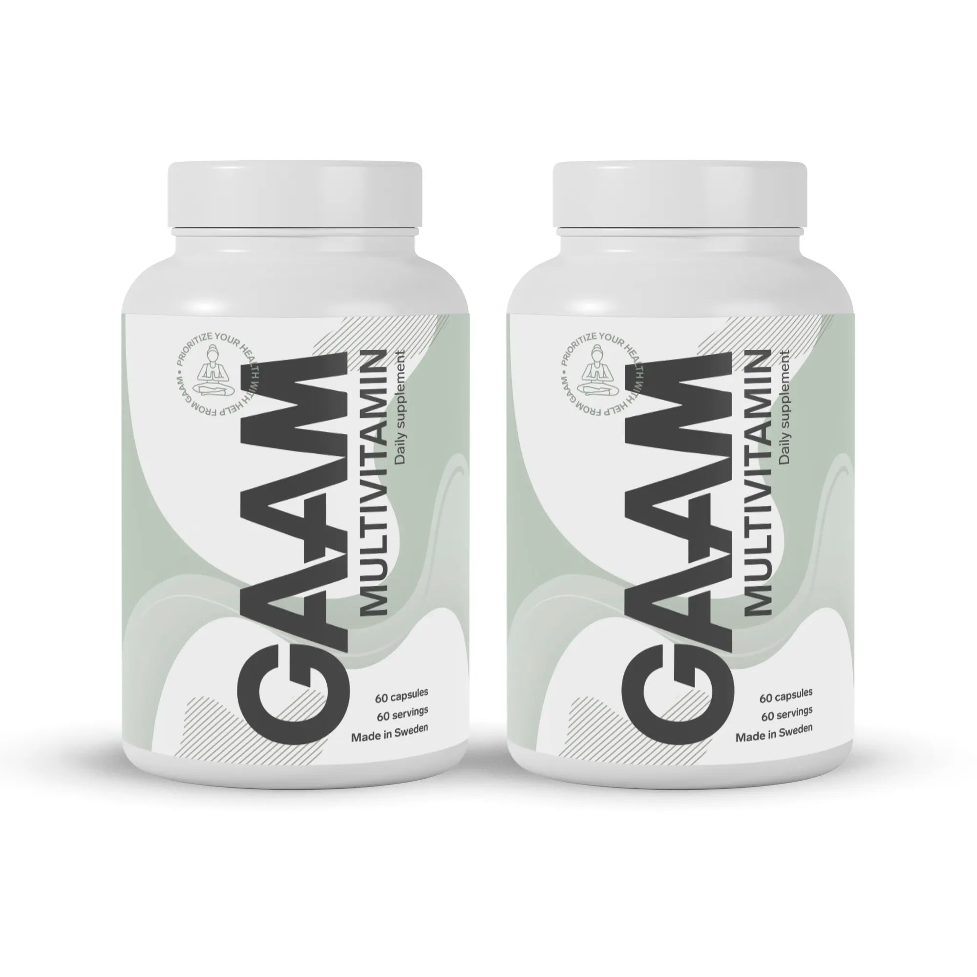 2 x GAAM Multivitamin 60 caps kahdessa valkoisessa purkissa, joissa on vaaleanvihreitä yksityiskohtia ja musta teksti.
