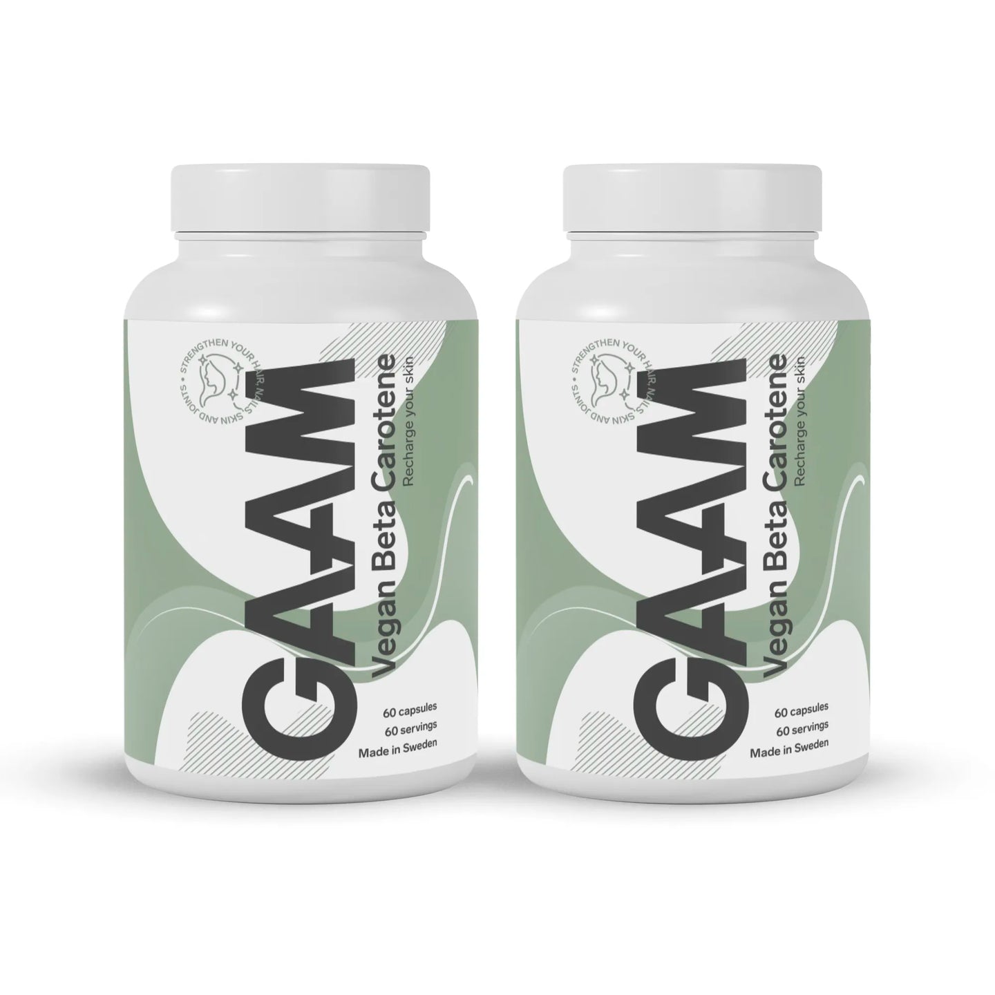 2 x GAAM Vegan Beta carotene 60 caps -ravintolisä kahdessa valkoisessa purkissa vihreillä yksityiskohdilla.