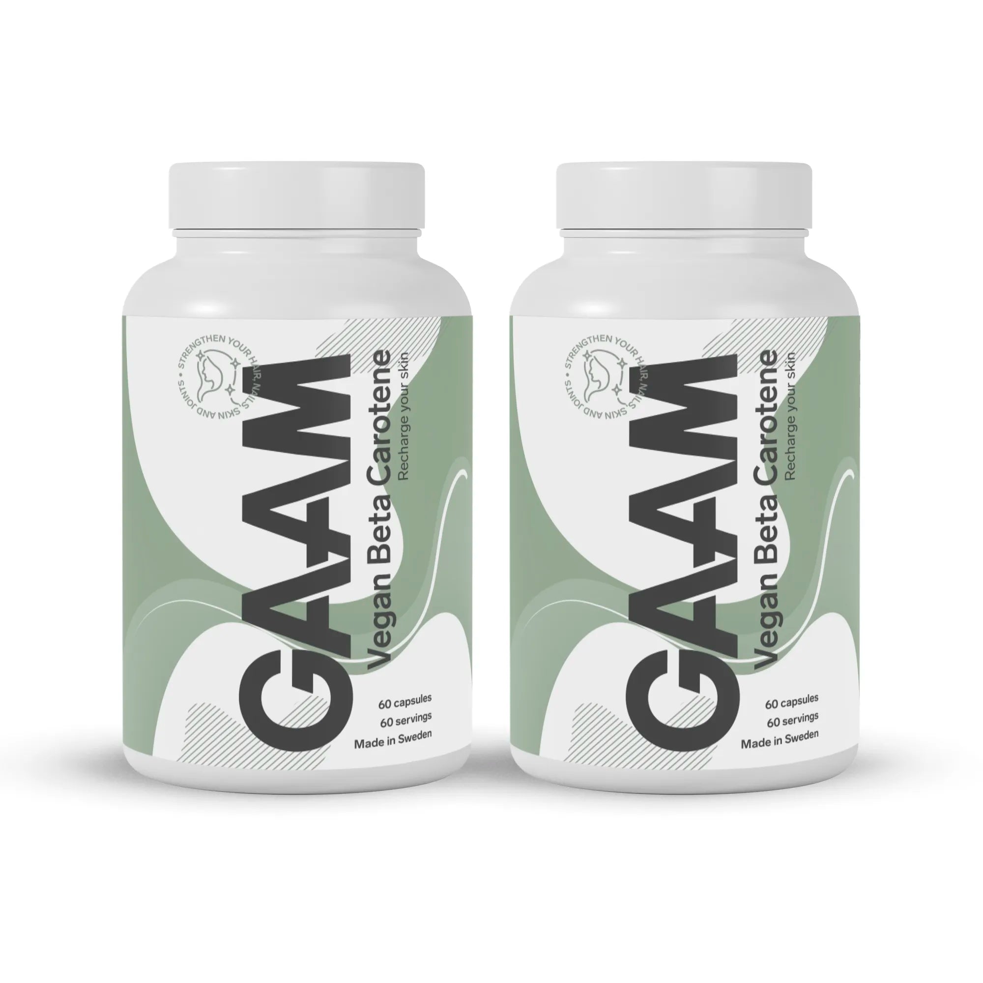 2 x GAAM Vegan Beta carotene 60 caps -ravintolisä kahdessa valkoisessa purkissa vihreillä yksityiskohdilla.